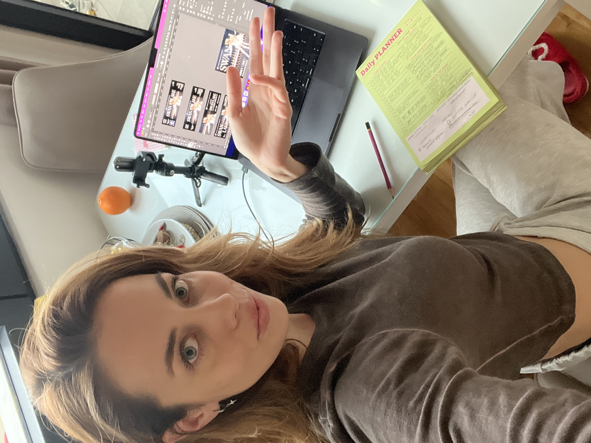 Woman takes selfie at desk in Montenegro