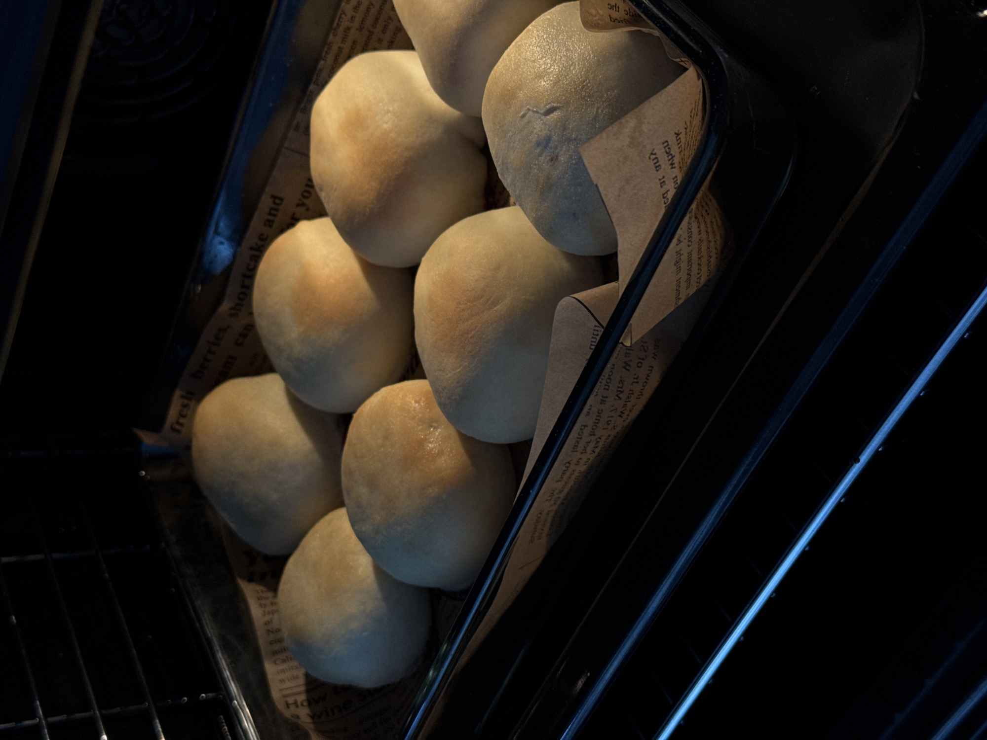 Baked goods observed on printed paper in Moscow oven
