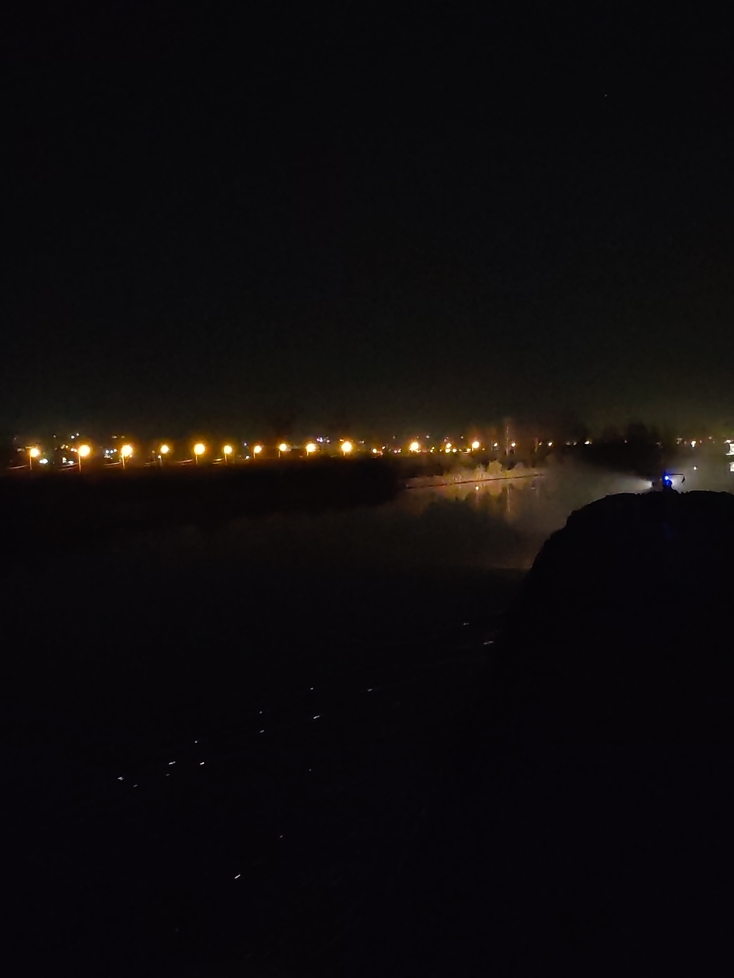 Nighttime streetlights illuminate waterfront in Yakhroma, Russia