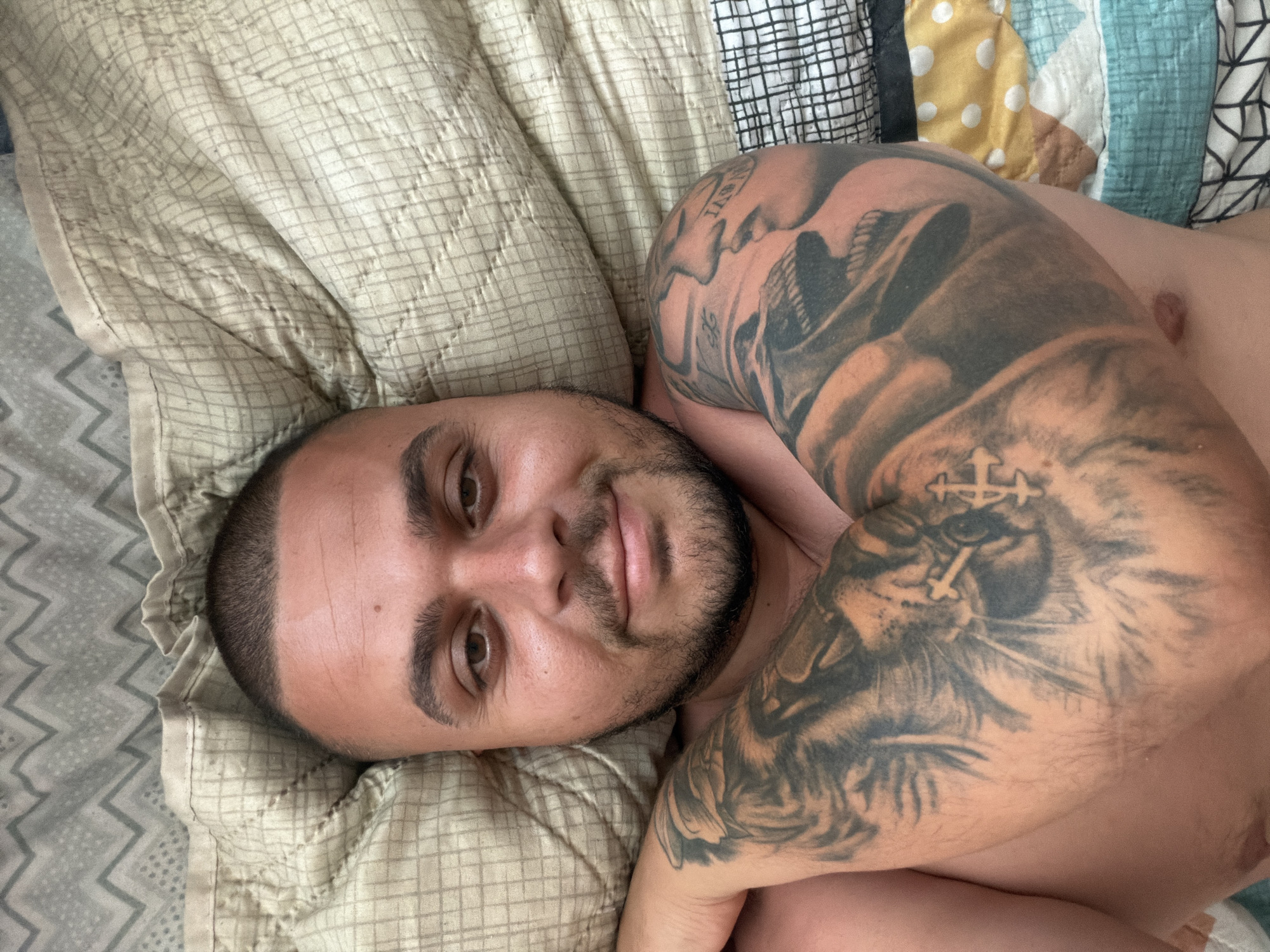 Overhead bed selfie series, Shumen — tattoos and changing expressions