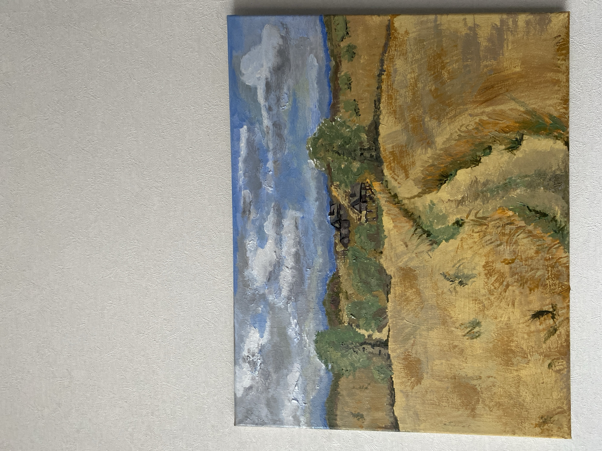 Interior art collection: lamps, landscapes, abstracts, and Aboriginal boomerang