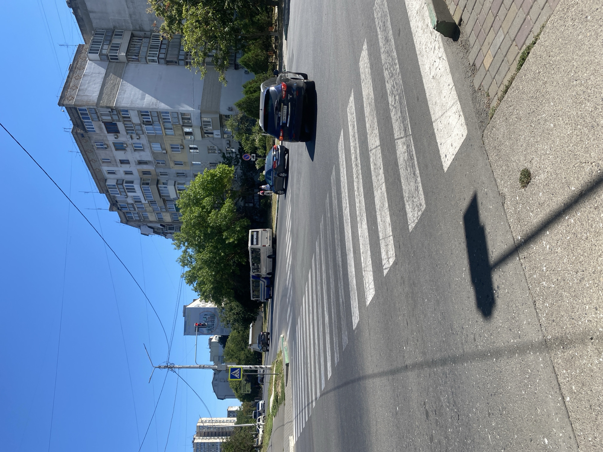 Sunny morning street scene in Chornomorsk, Ukraine