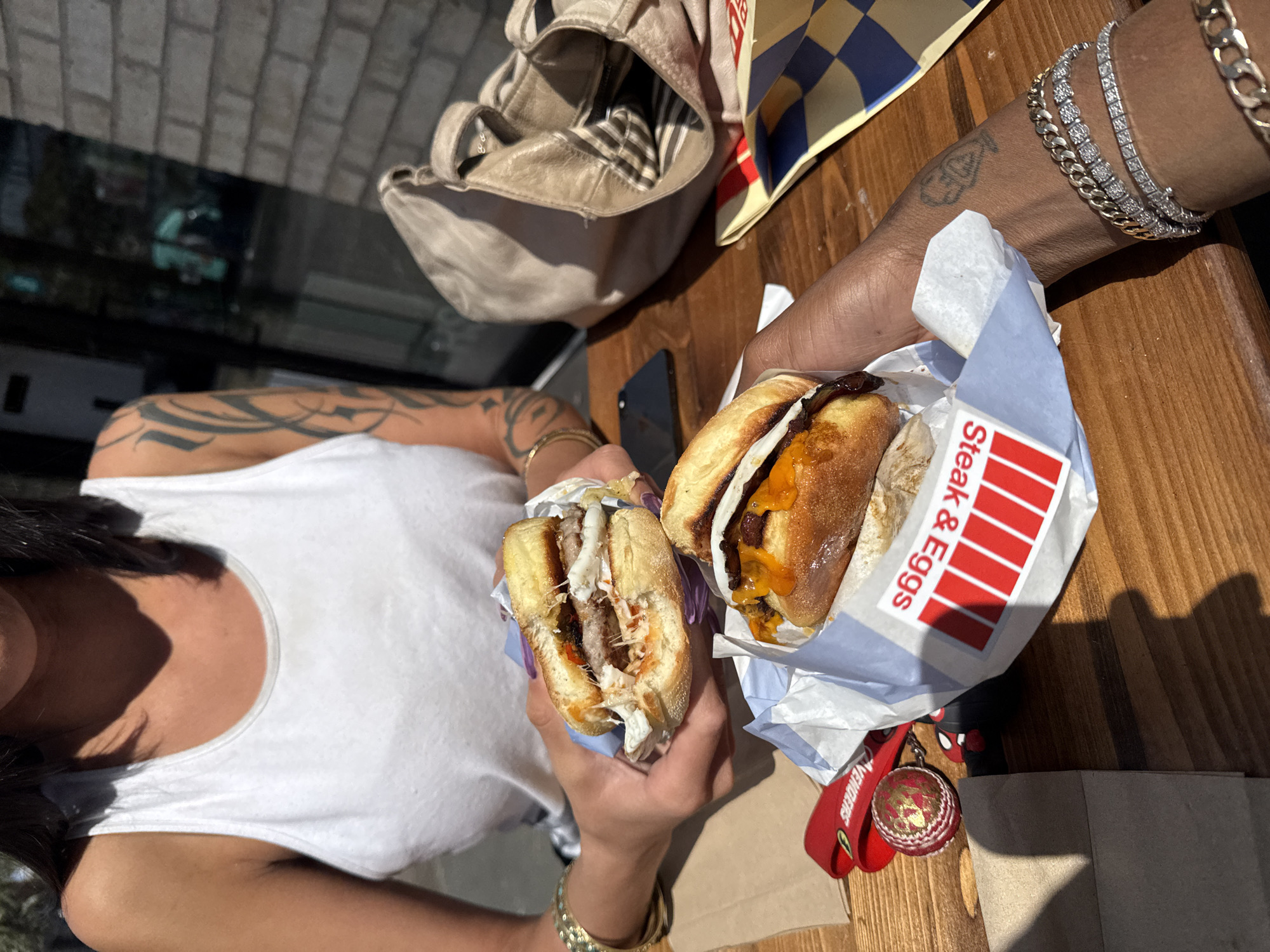 Outdoor lunch with sandwiches and matcha drinks in London