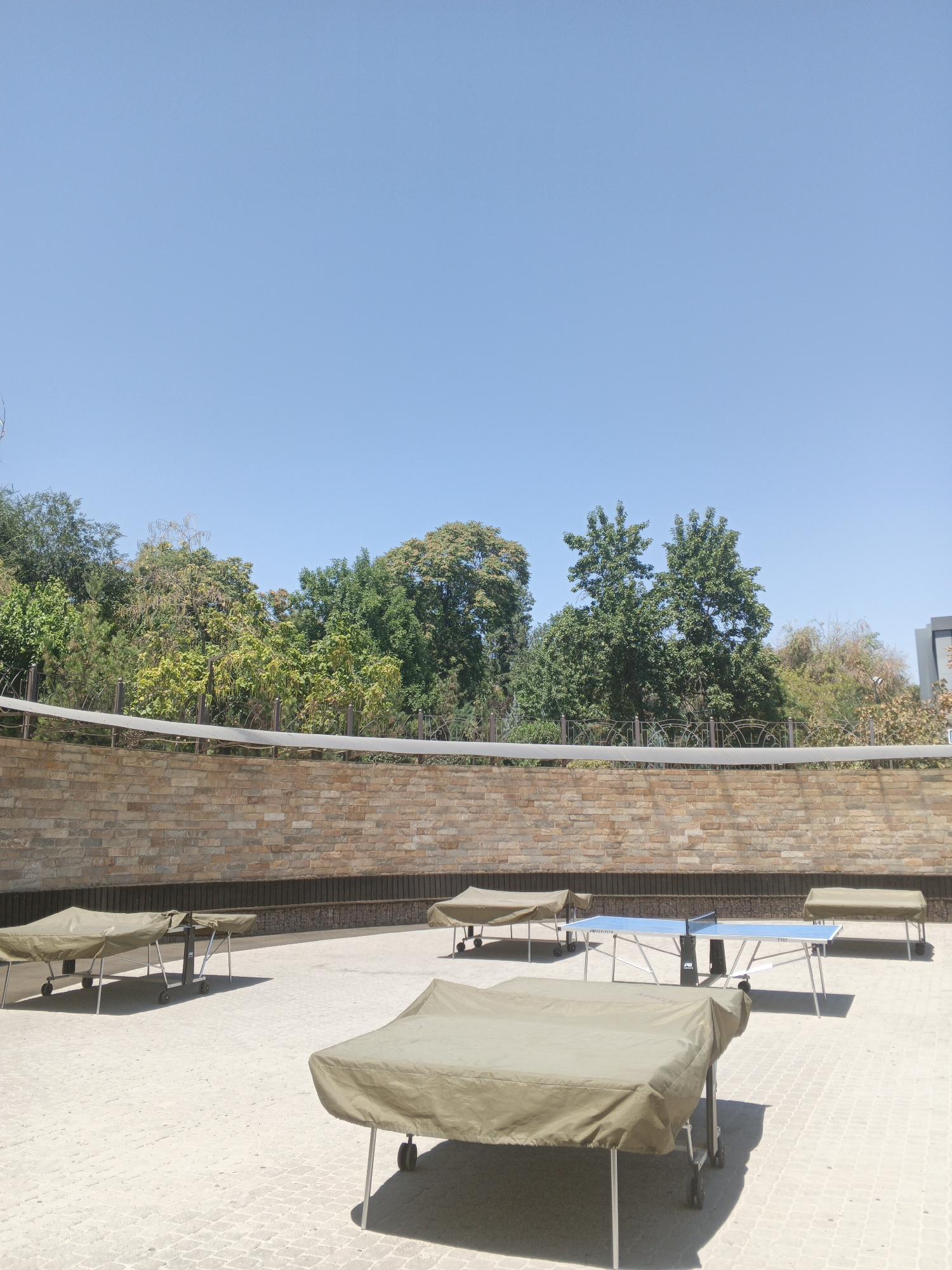 Outdoor rec area with courts, pathways, and a classic car