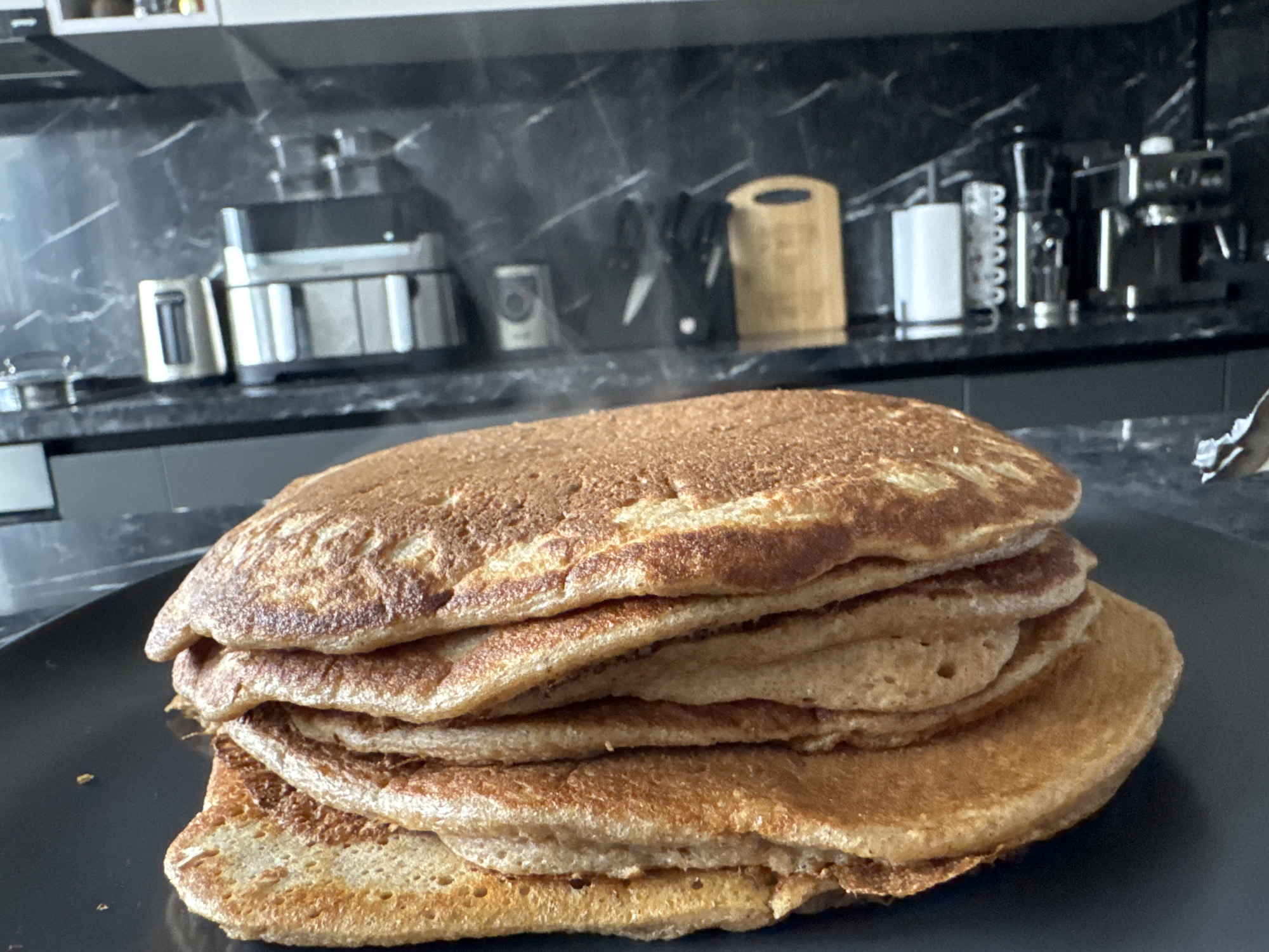 Morning breakfast of pancakes and coffee in Gabrovo kitchen