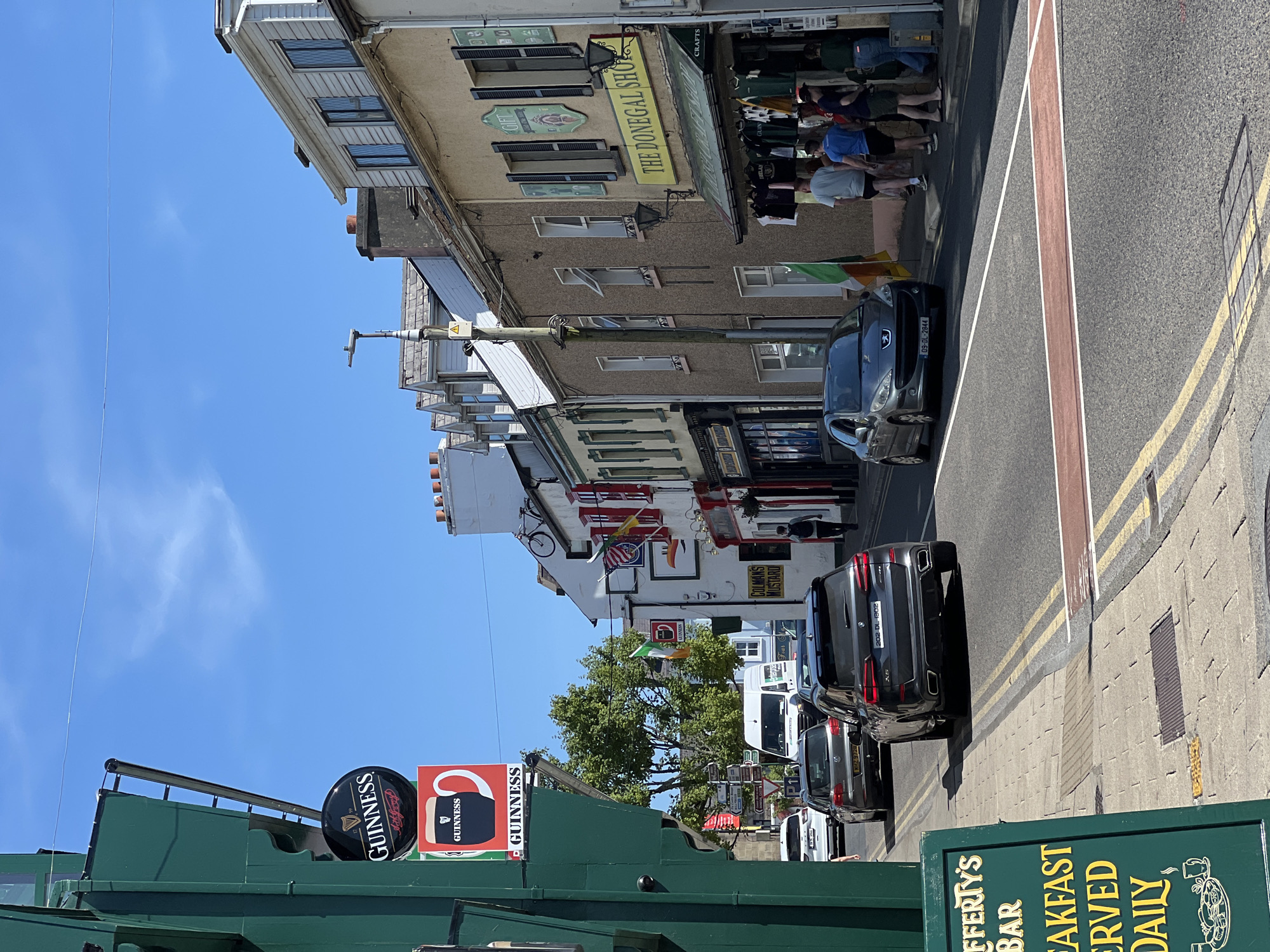 Donegal Town's harbour pubs and streets on a sunny morning
