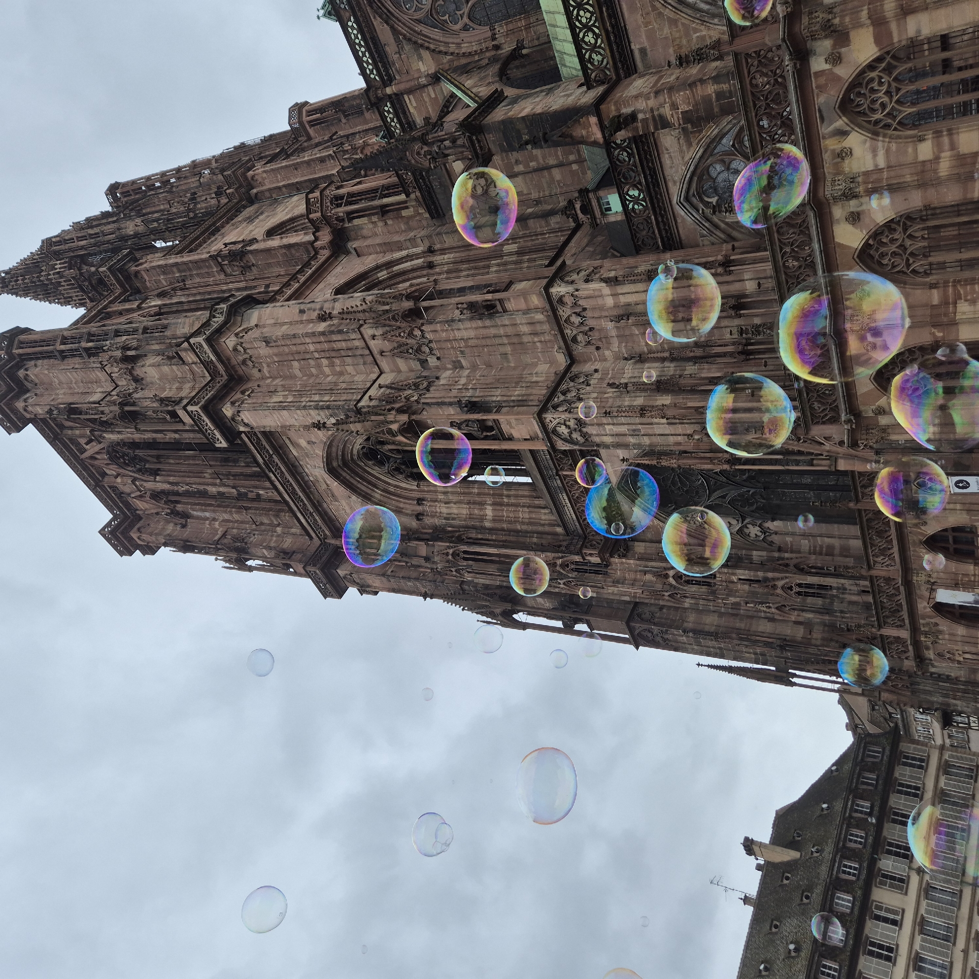 Street performer draws crowds with soap bubbles at Strasbourg Cathedral