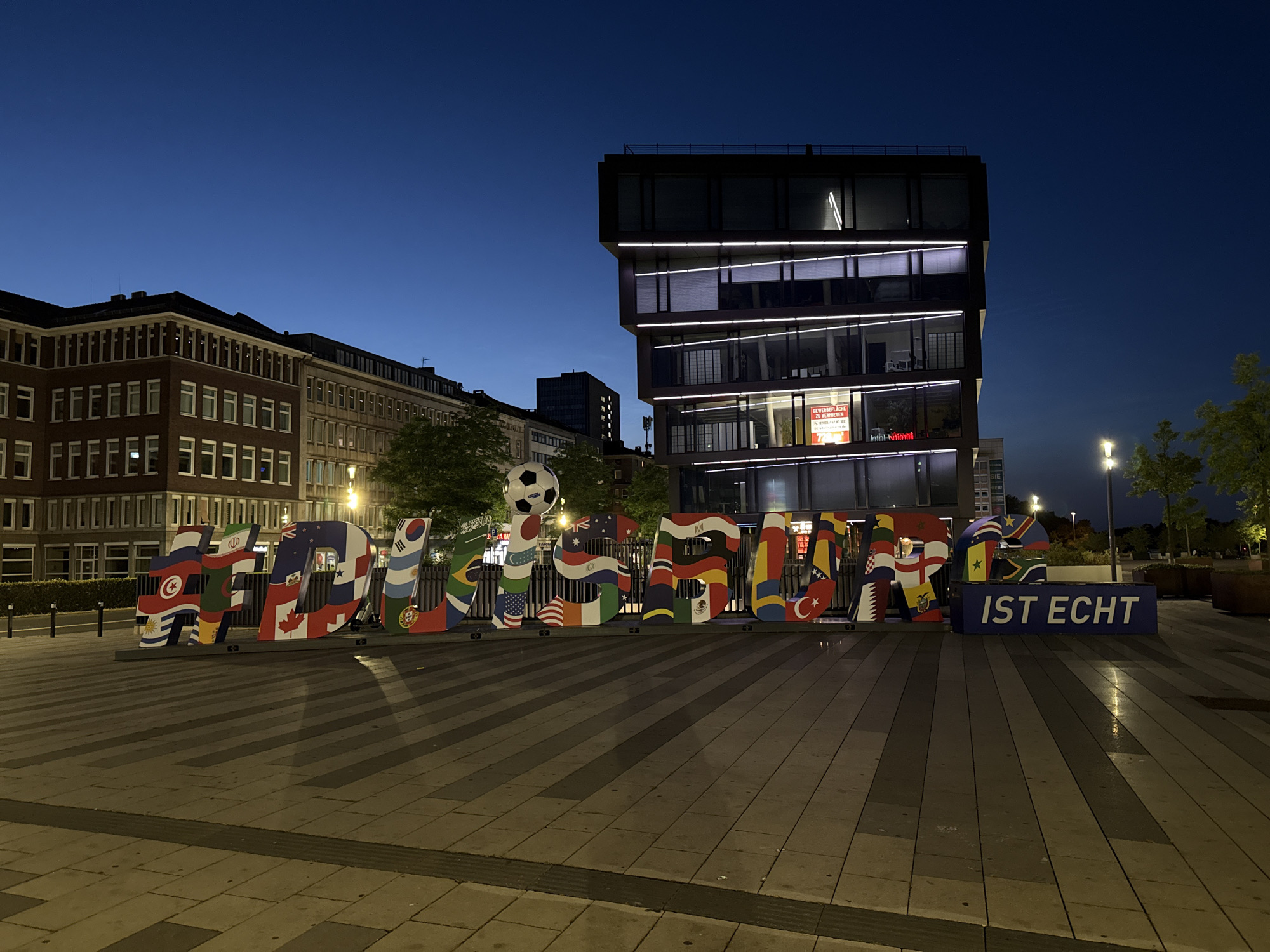 Football installation and public sculpture spotted in Duisburg at night