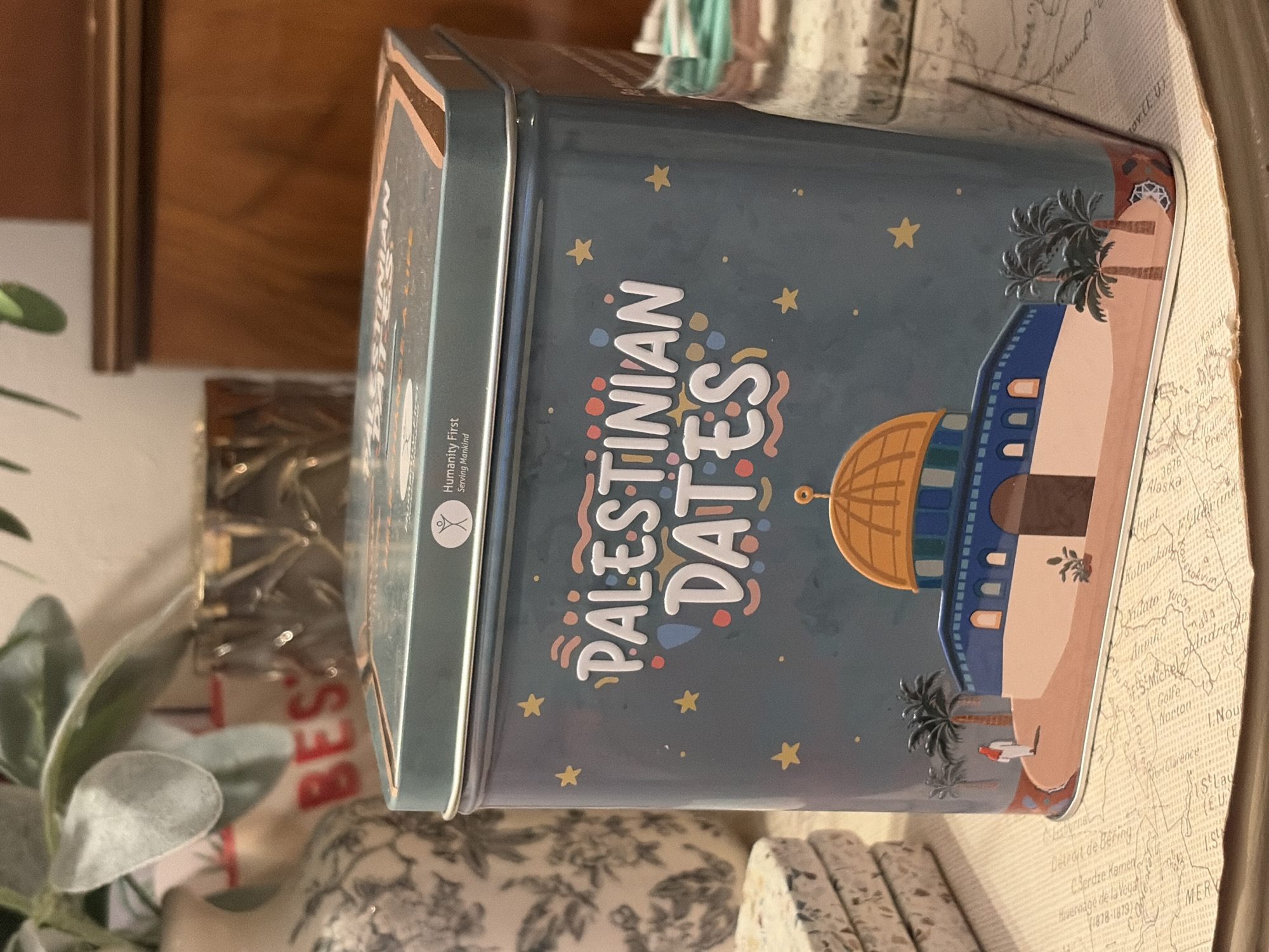Palestinian dates tin with Jerusalem imagery photographed in UK