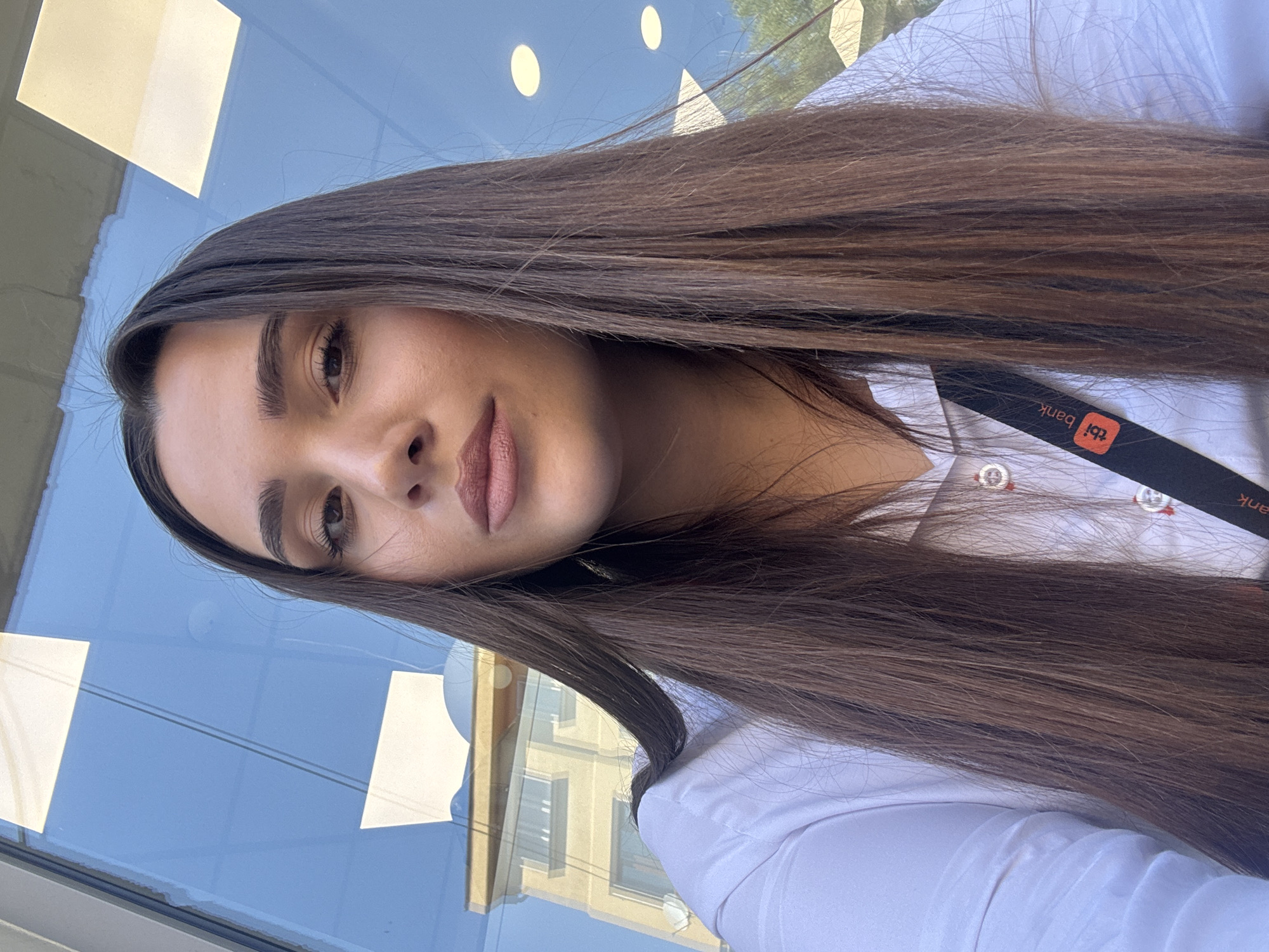 Bank employee takes selfies during morning break in Gabrovo