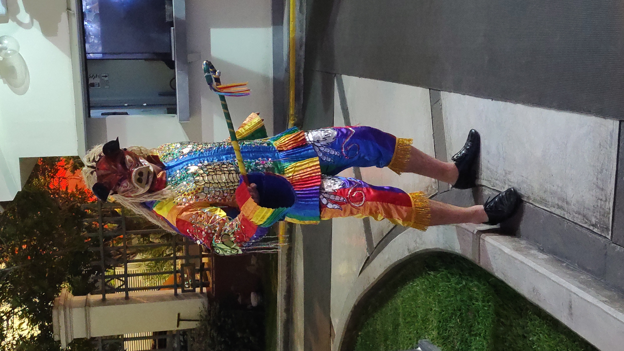 Ornate carnival costume with pig mask, Miraflores night scene