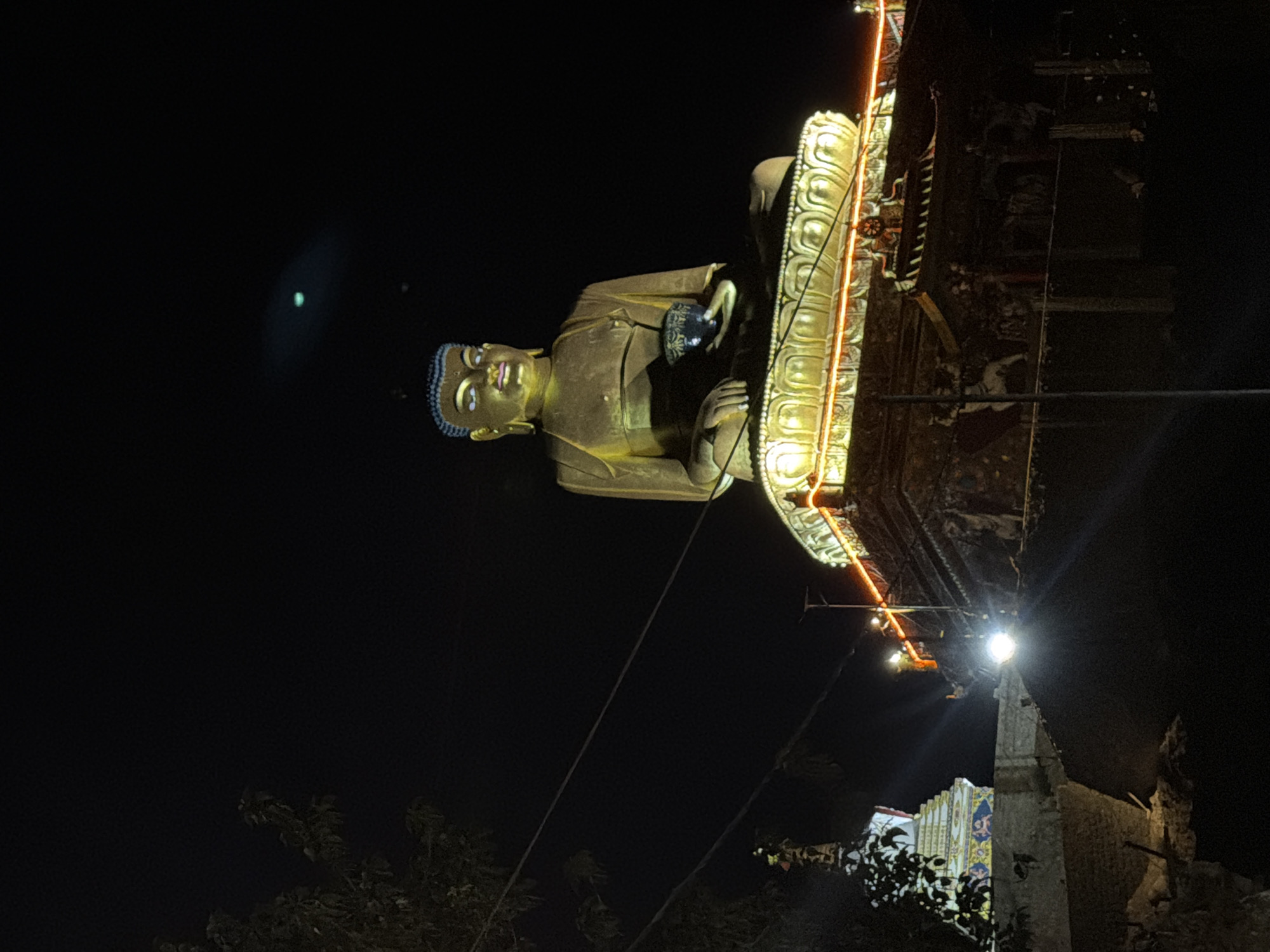 Golden Buddha statue glowing at night in Leh, Ladakh