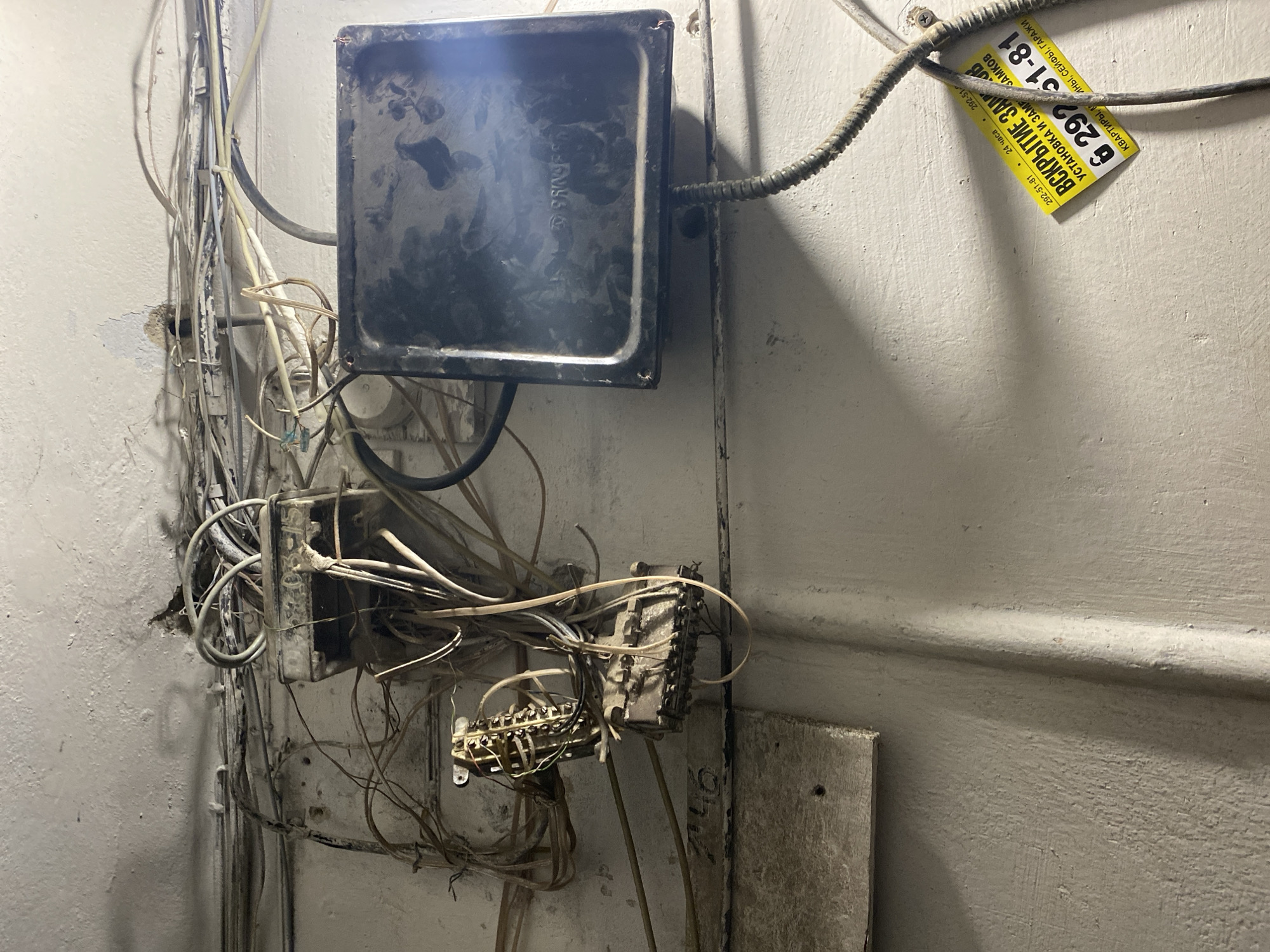 Cluttered wires and windowsill plants at an unidentified spot