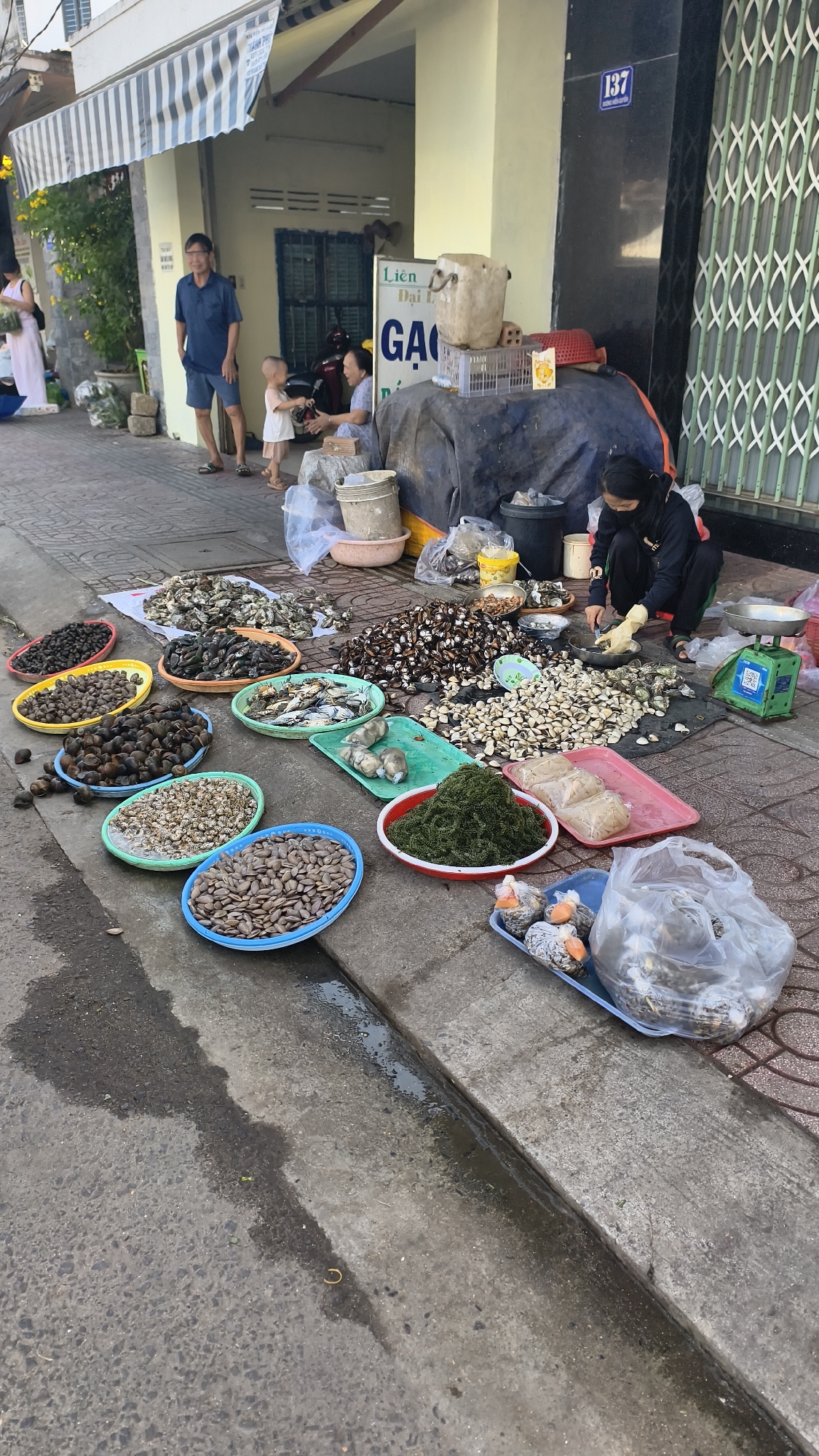 Nha Trang sidewalk market: shellfish and fresh vegetables on display