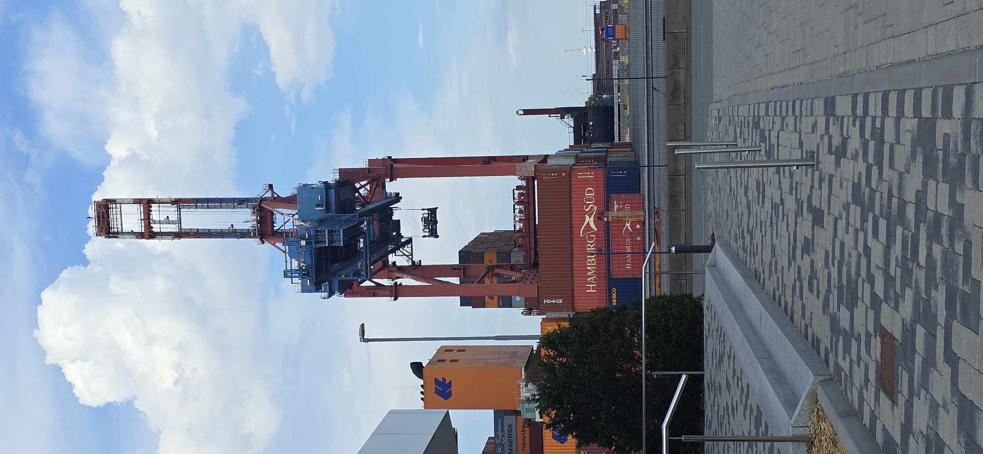 Red and blue cranes and container art at Hamburg's port