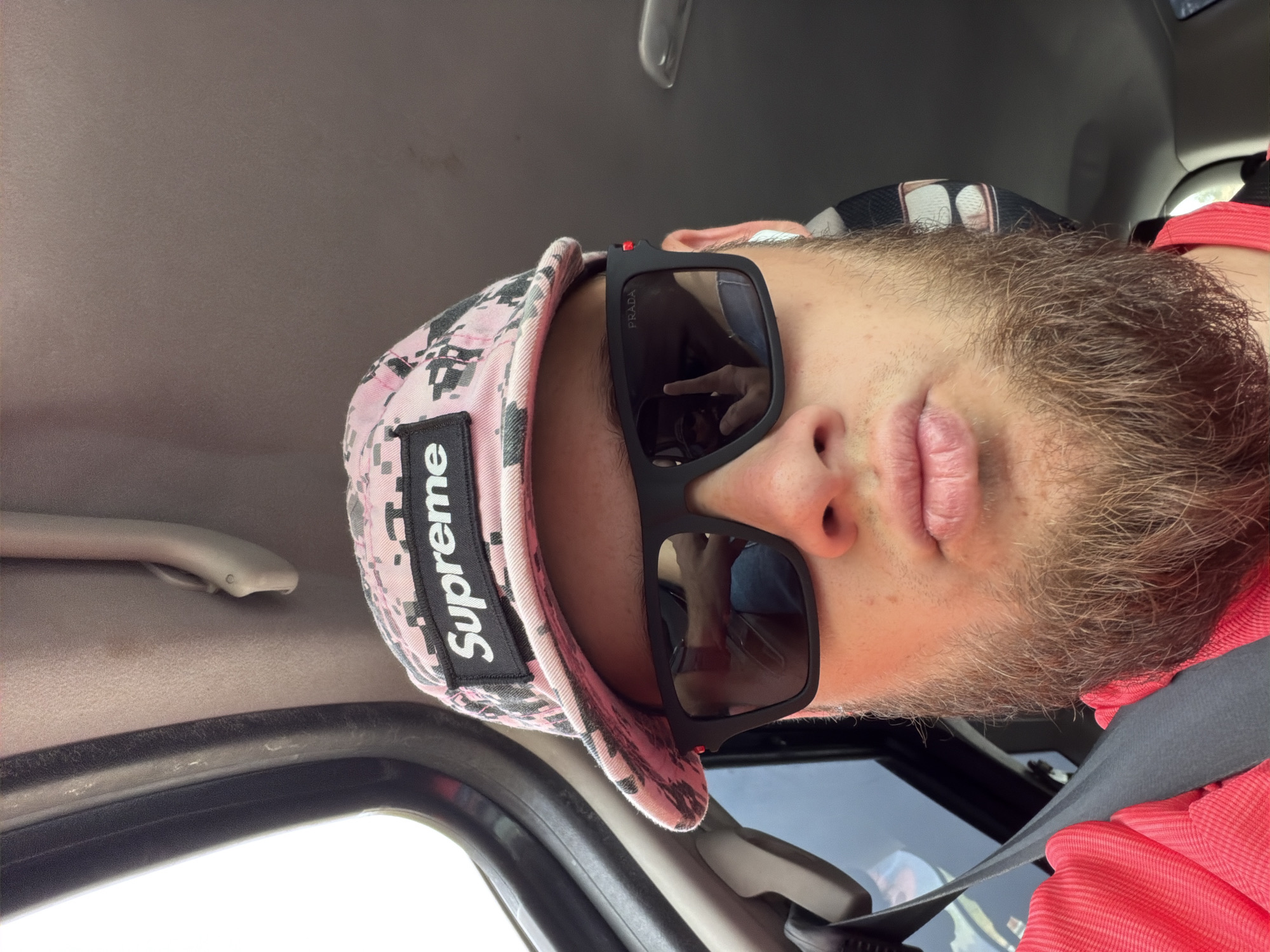 Selfie in the car, Thonon-les-Bains, bold accessories