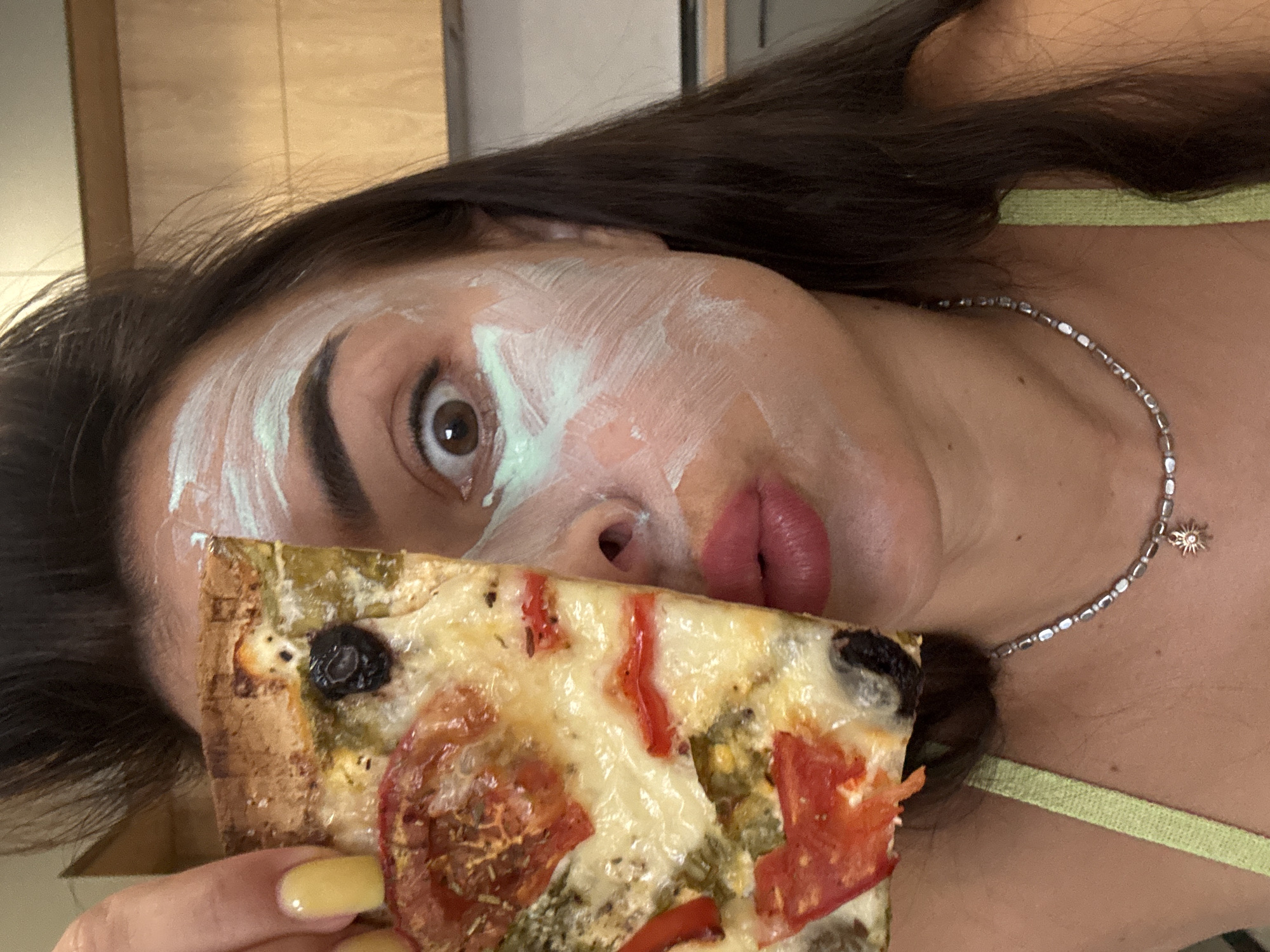 Face mask, coffee, and homemade veggie pizza for a slow morning