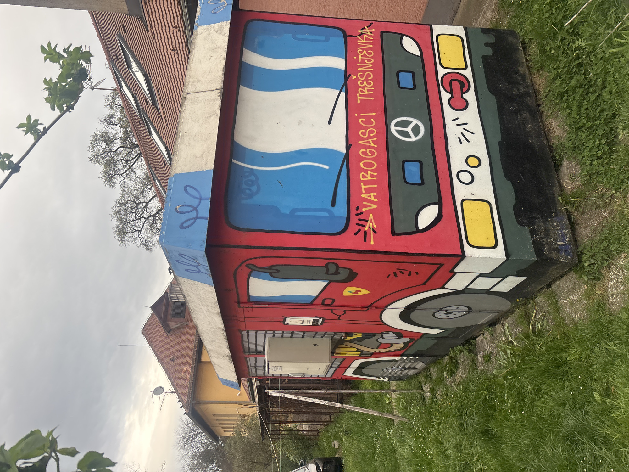 Fire truck artwork spotted on utility box in Zagreb