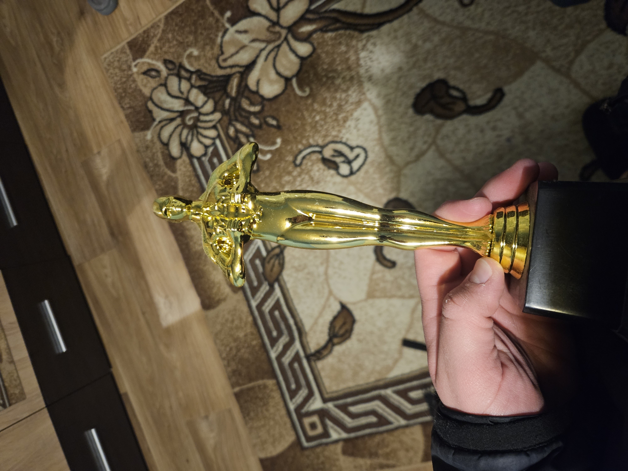 Award statuette and eye artwork photographed in Bulgarian home