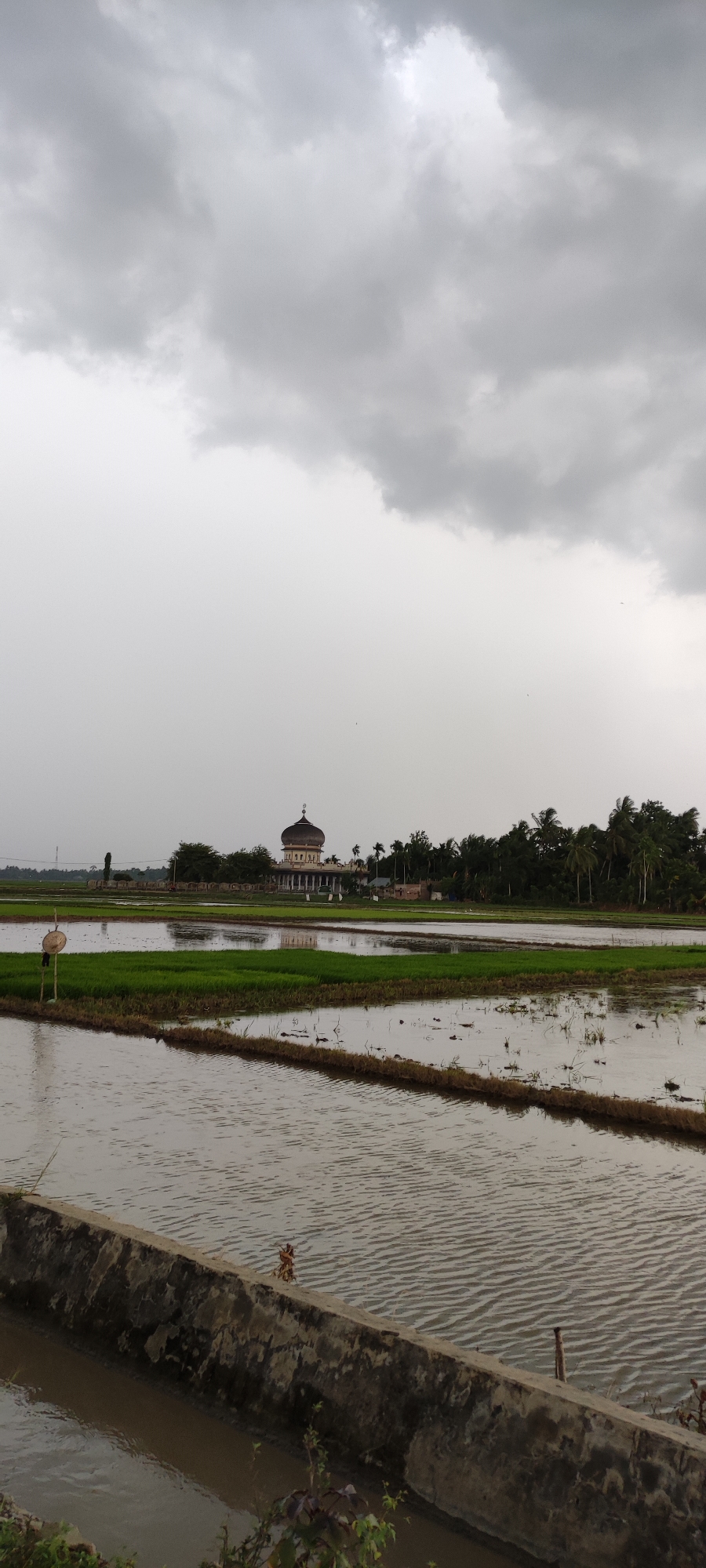 Rainy morning across flooded rice fields and village streets in Aceh