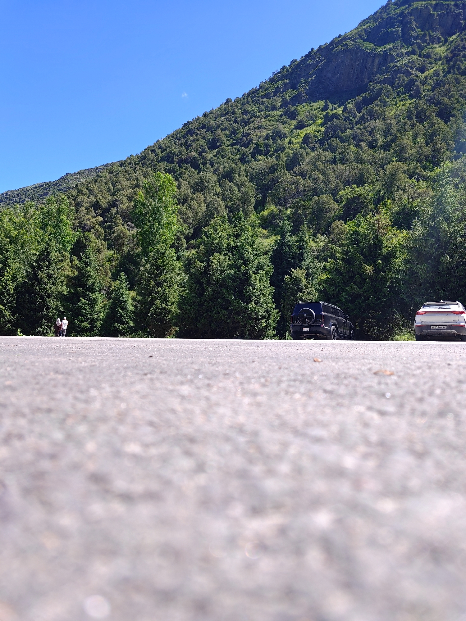 Ground-level views at a mountain roadside stop in Kyrgyzstan