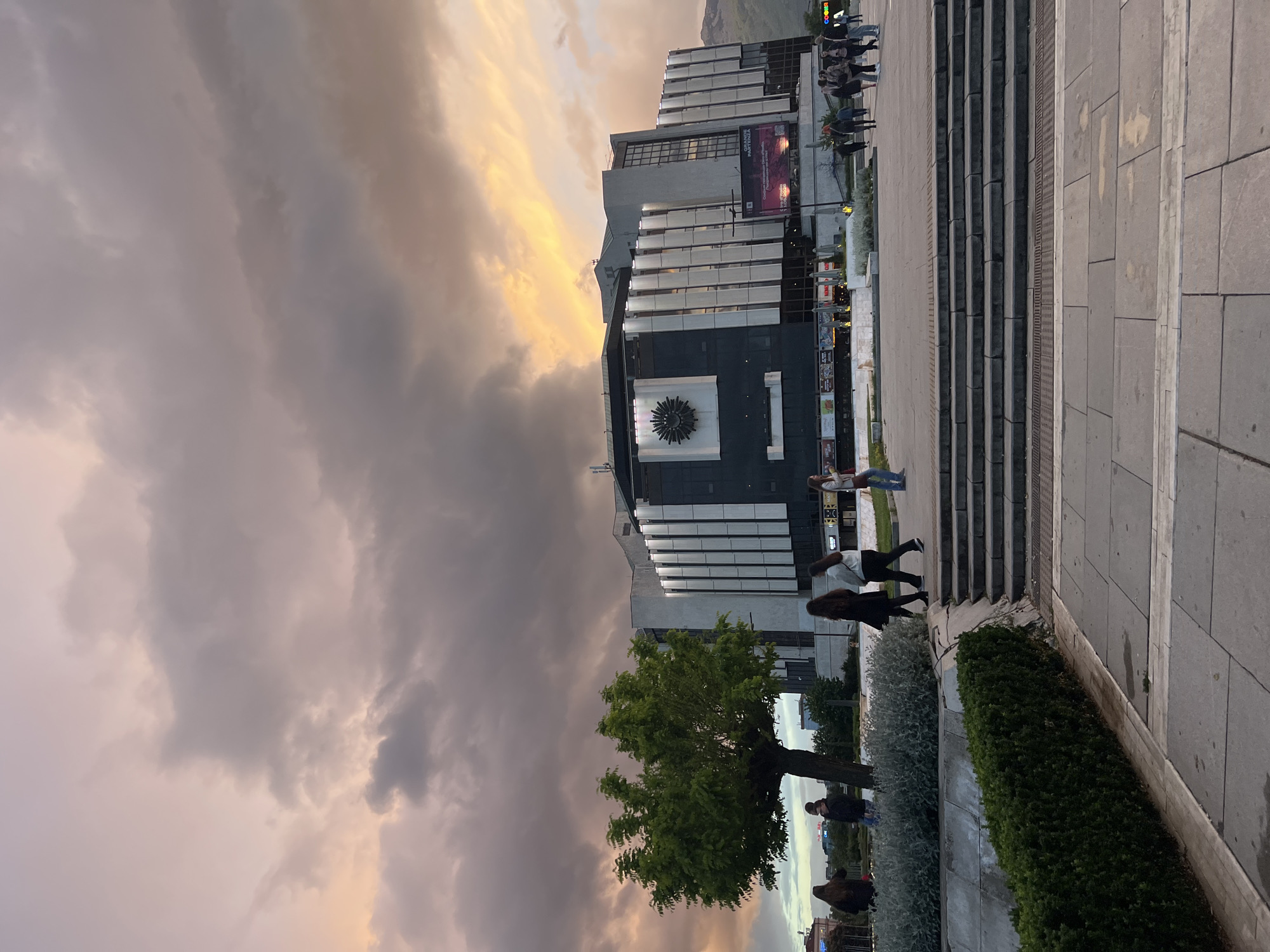 Evening documentation of Sofia's National Palace of Culture at sunset