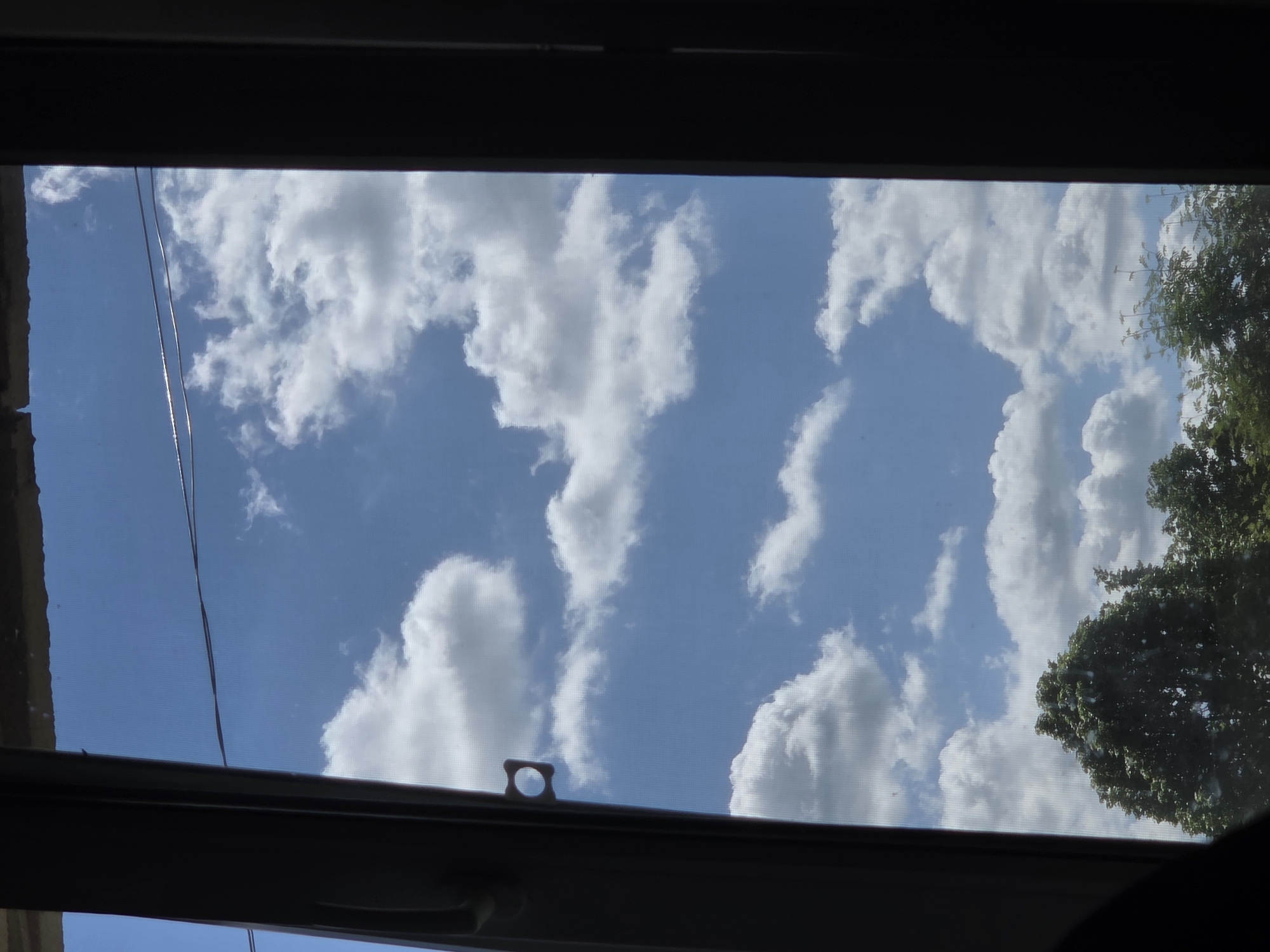 Sky view captured through window frame shows clouds, tree