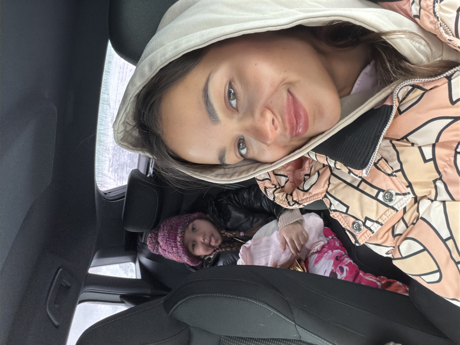 Mother and child take morning selfies in snowy Krasnoyarsk