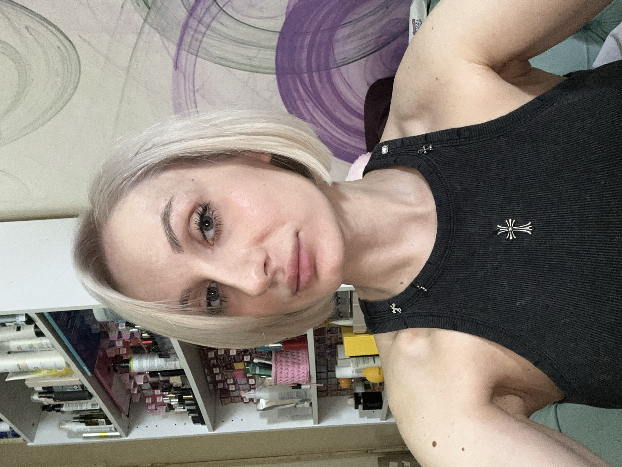 Woman photographed near beauty products in Pushkino, Russia