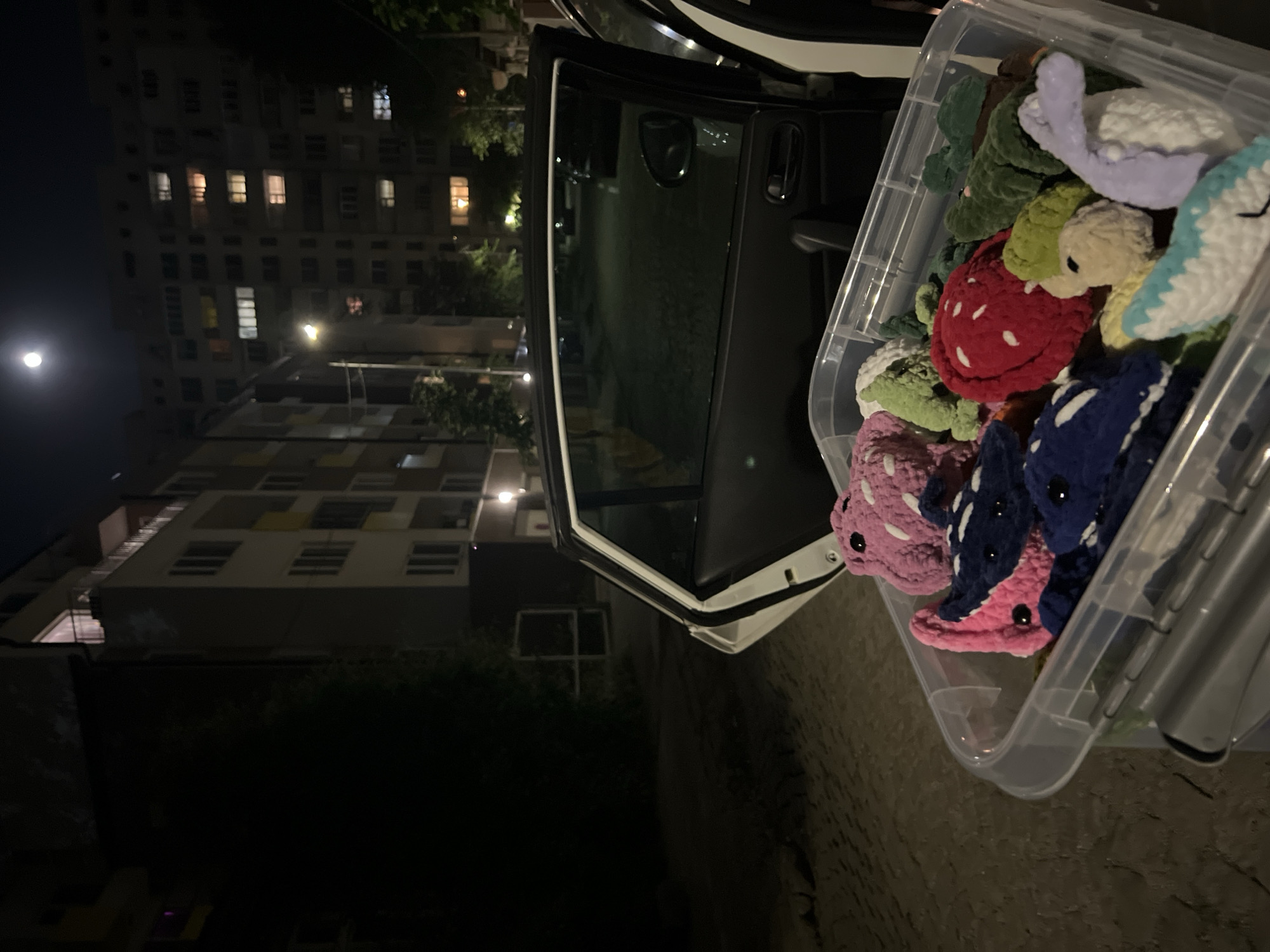 Crocheted toys distributed from car near Sofia landmarks