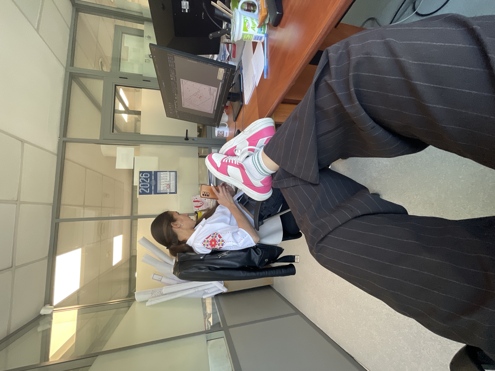 Office worker documents routine morning activities in Sofia