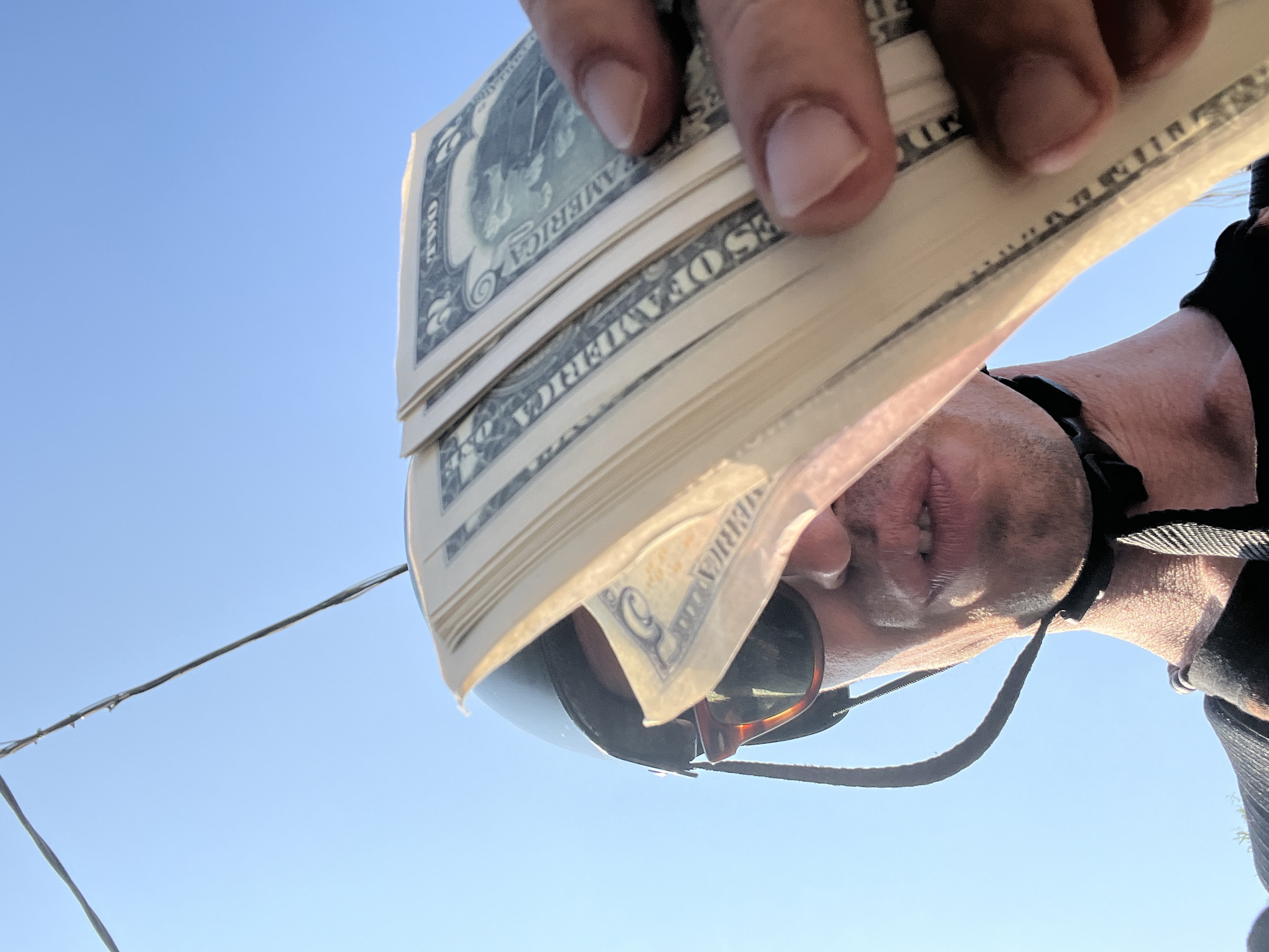 Fan of dollar bills held up against a clear sky