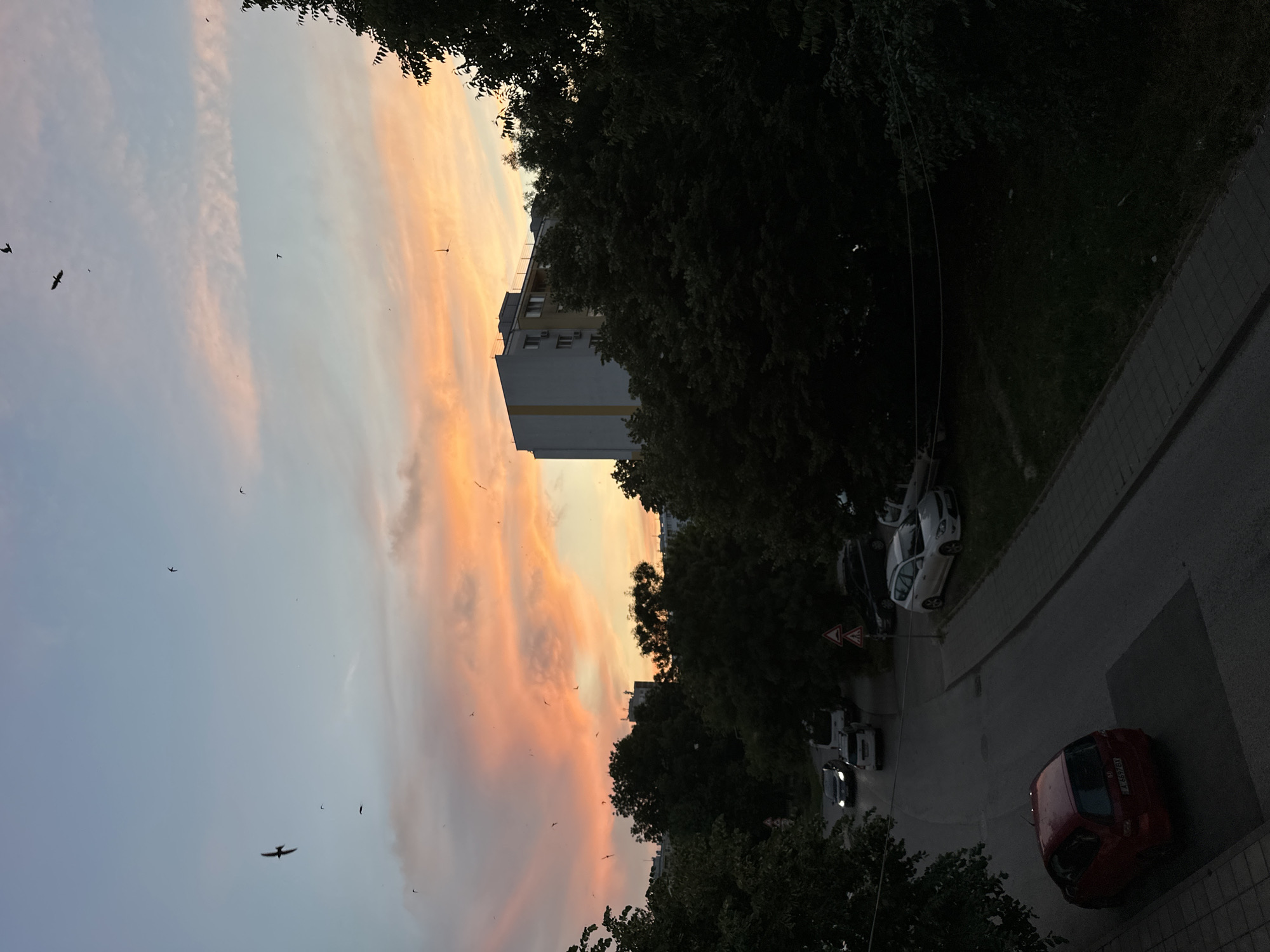 Dusk sunset observed in residential area with parked vehicle