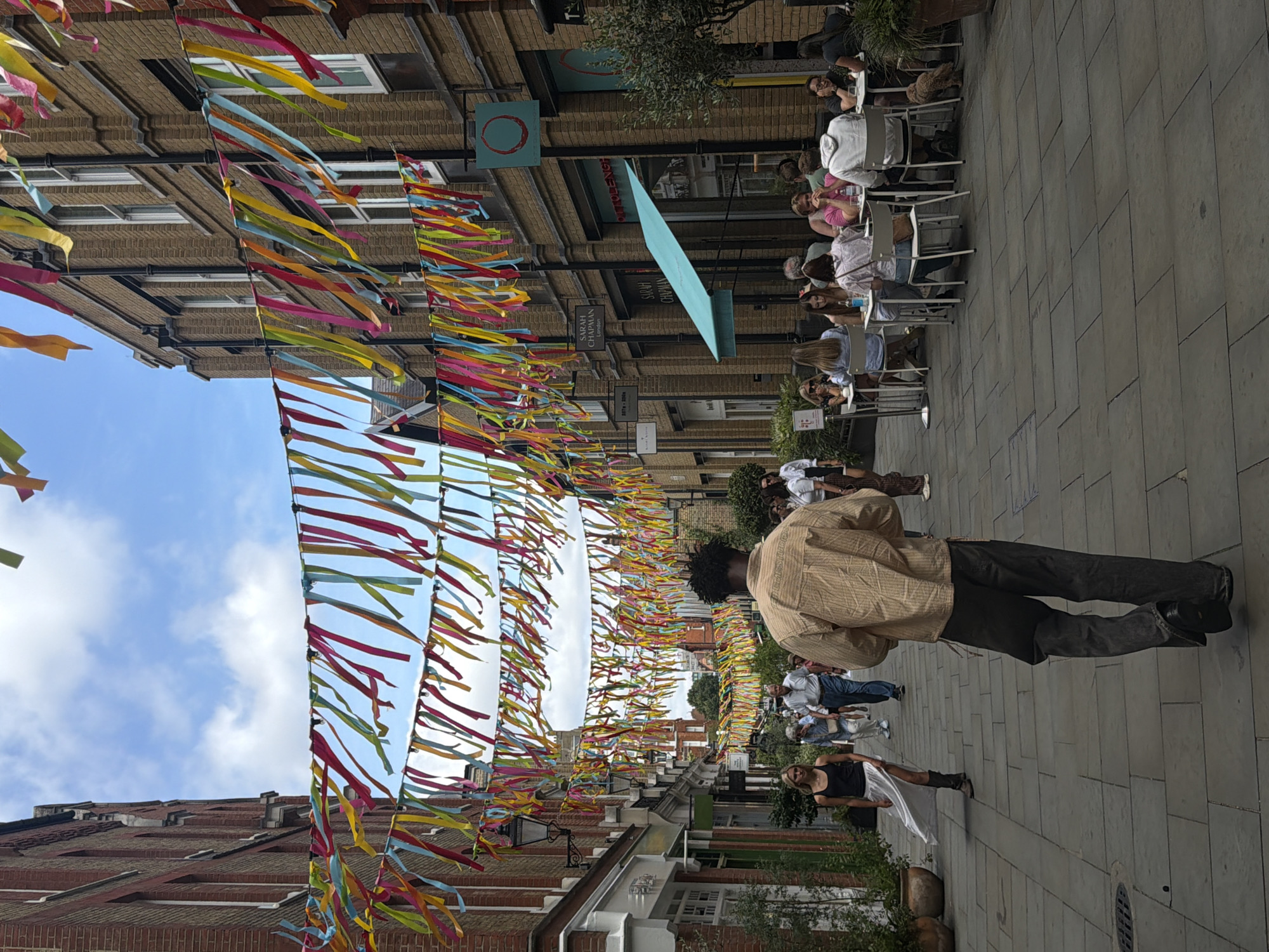 London pedestrian street dressed up with overhead colorful streamers