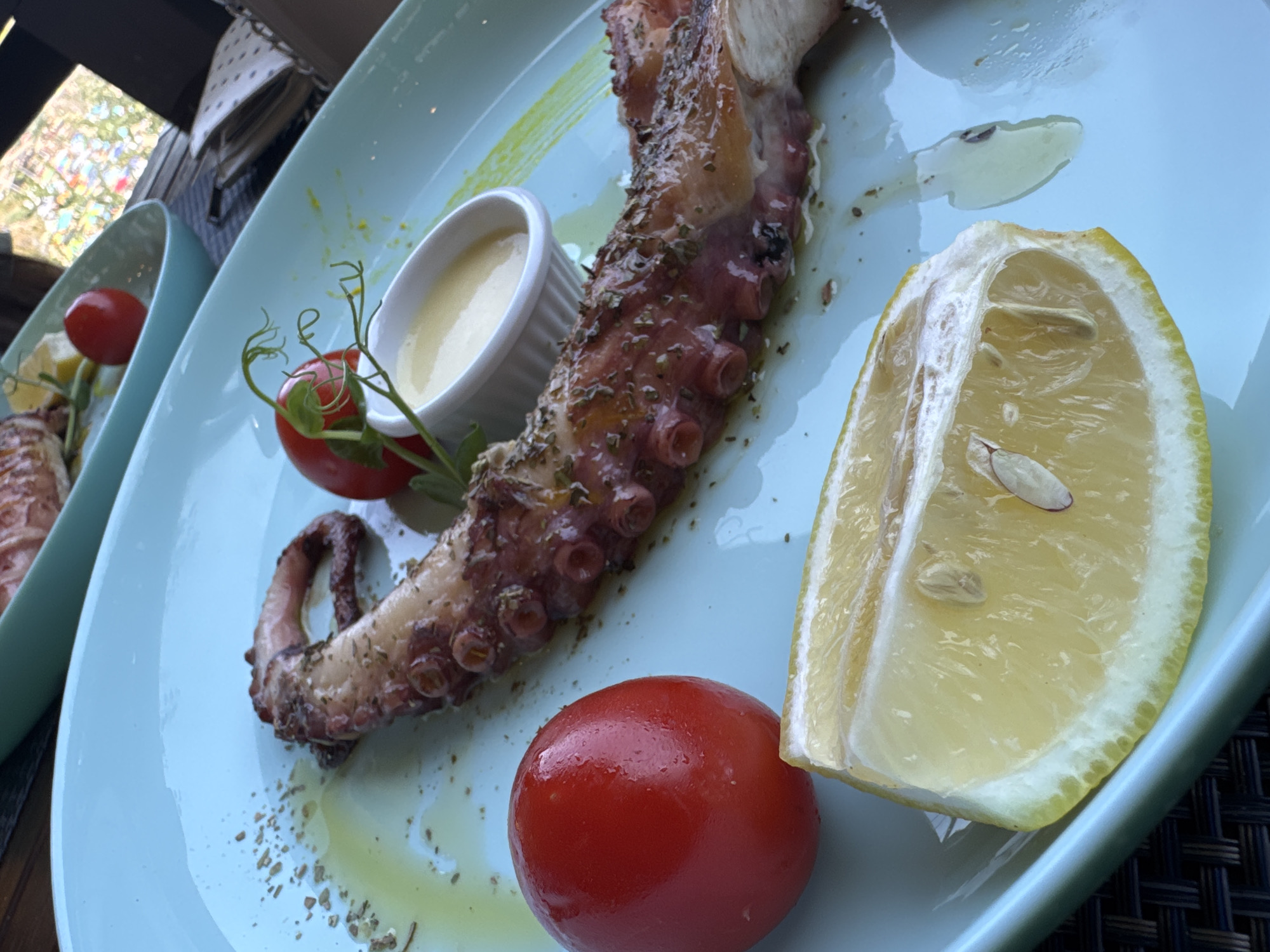 Seafood plates and a crowded beach day in Primorsko
