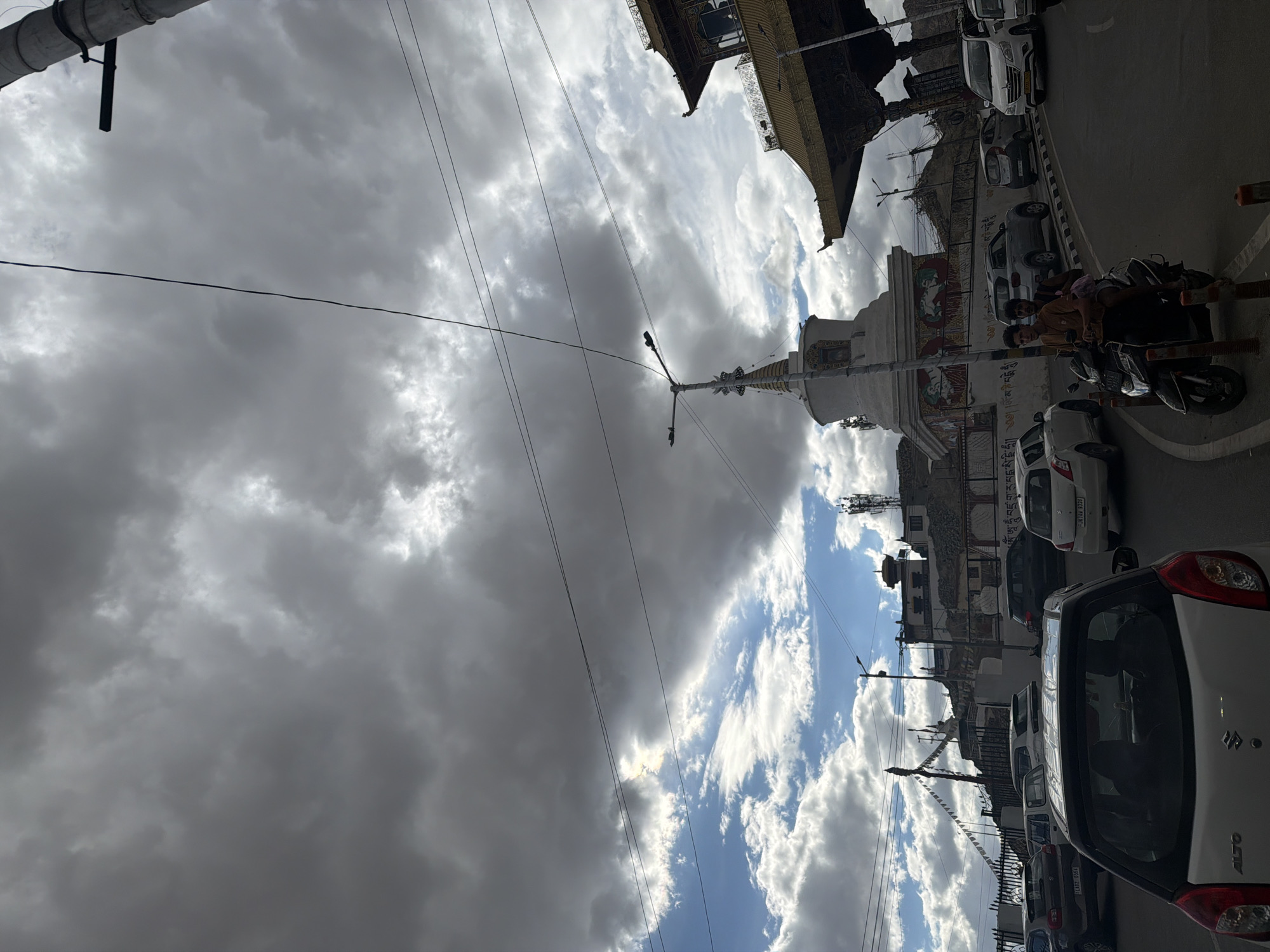 Leh streets and Tibetan Buddhist architecture on a cloudy morning