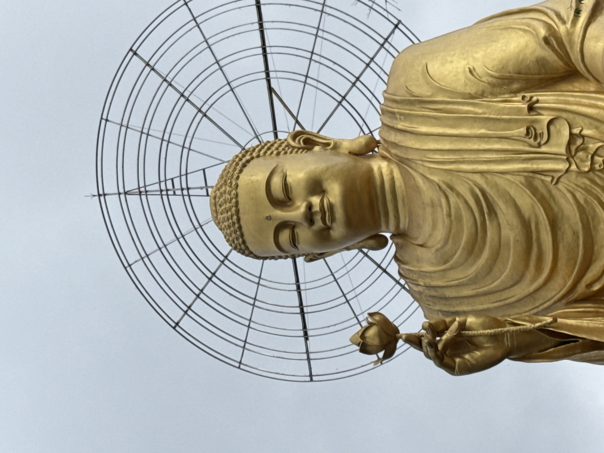 Visitor documents golden Buddha statue and monk at Đà Lạt temple