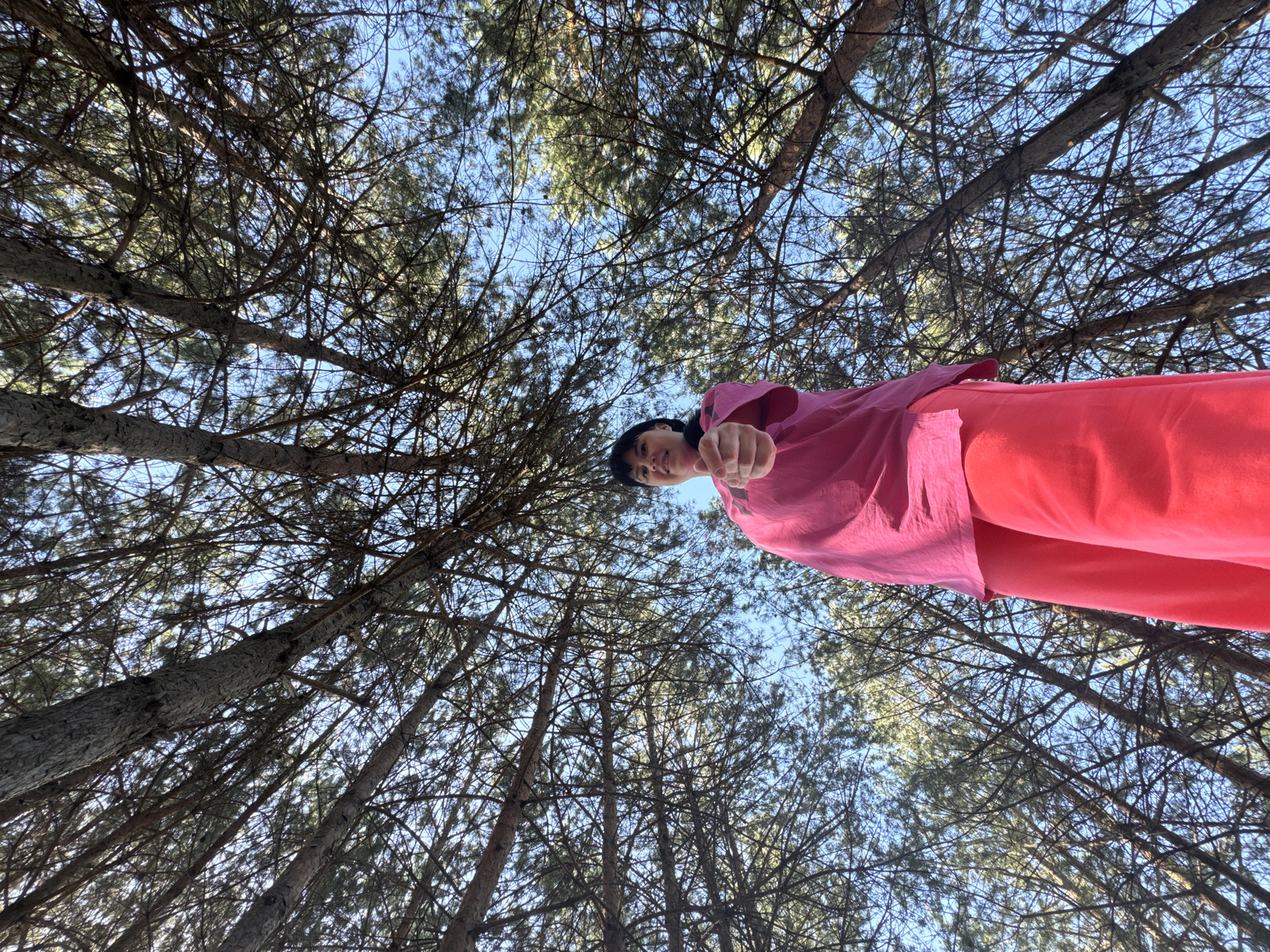 Person in pink shirt photographed in Russian forest