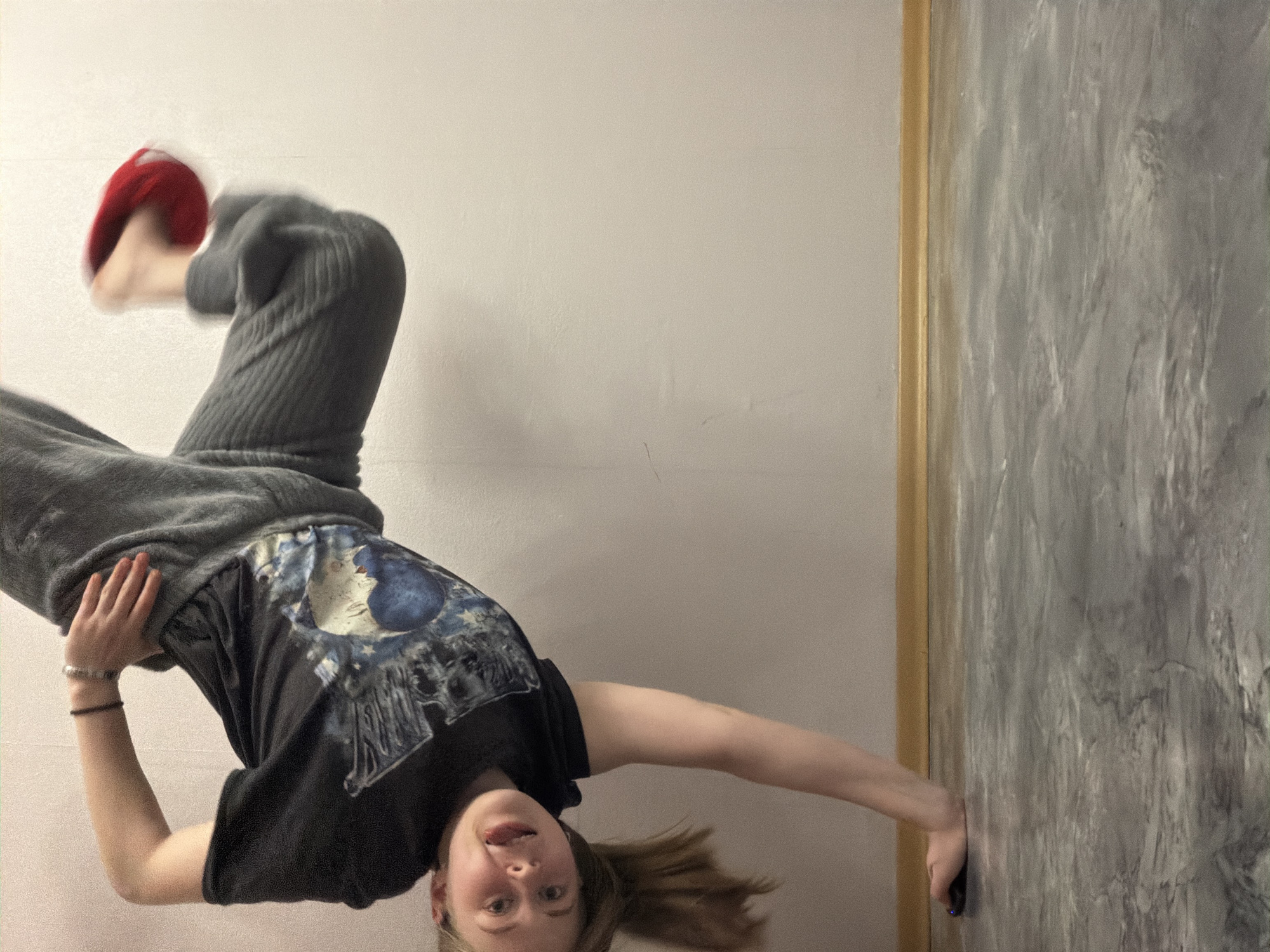 Young person and grey cat photographed during indoor playtime