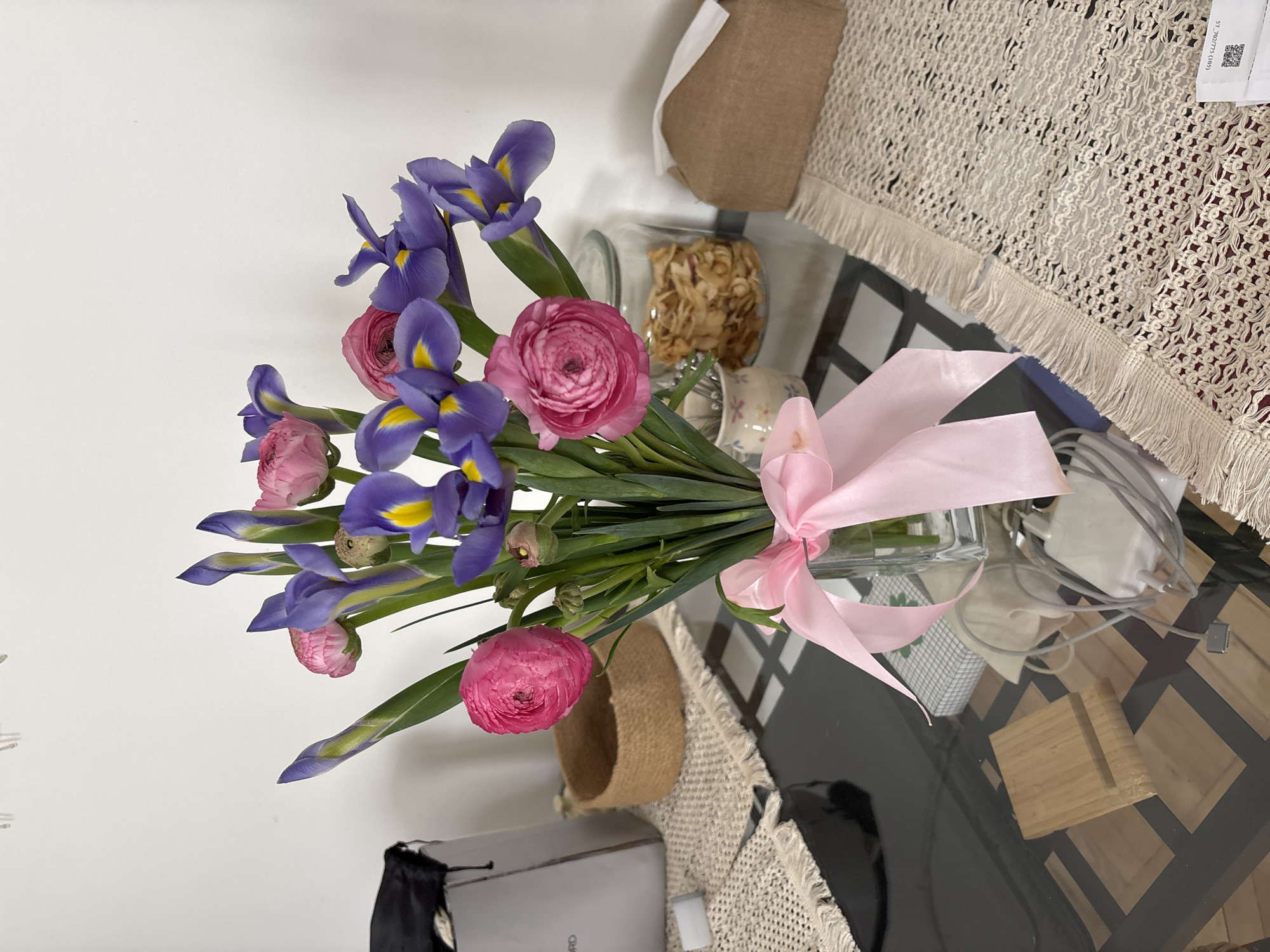 Flower bouquet observed on glass table in Moscow