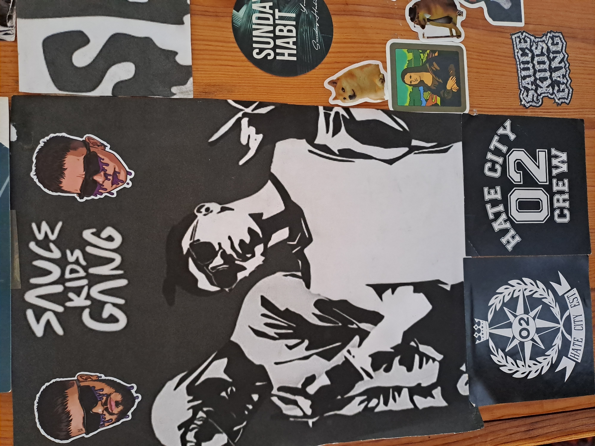 Sticker-covered wooden surface documents Sofia street and fan culture