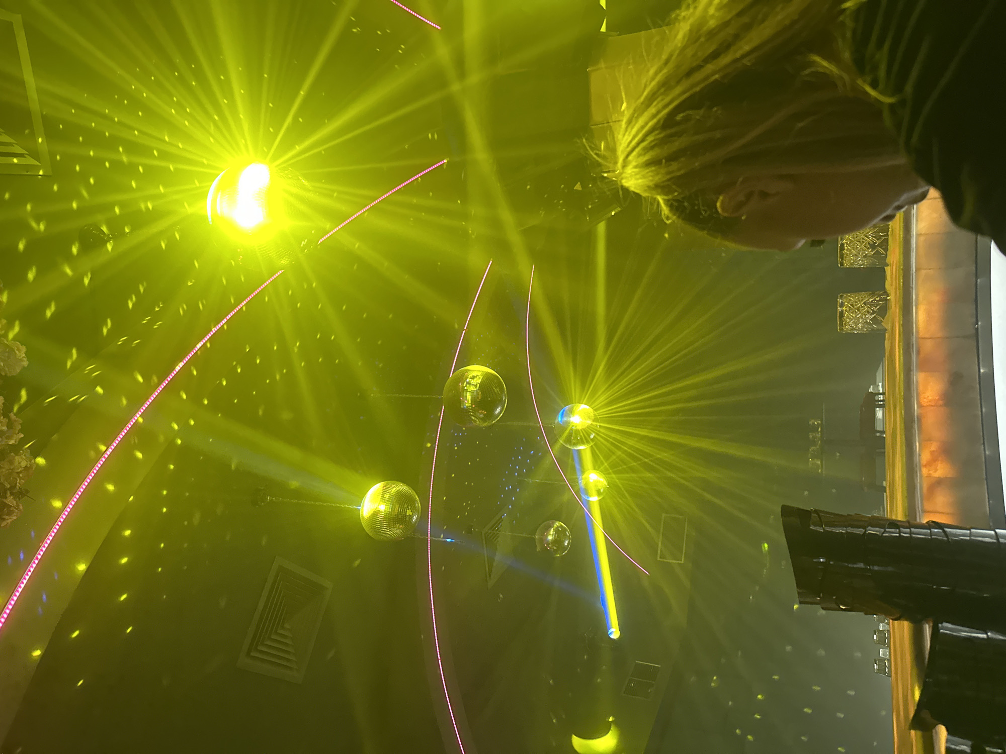 Colorful nightclub interior in Sliven, disco balls and all