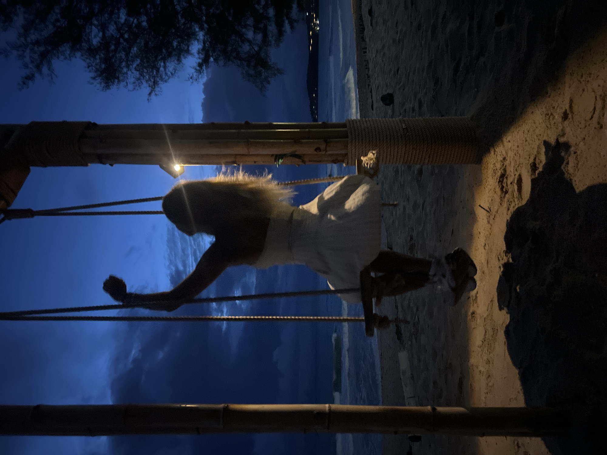 Stormy dusk on a Choeng Thale beach — swings, horses, and resort vibes