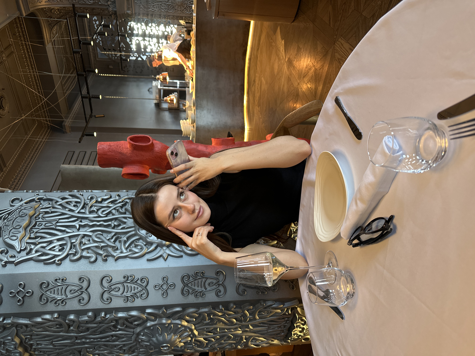 Couple dining at upscale Krasnoyarsk restaurant during morning hours
