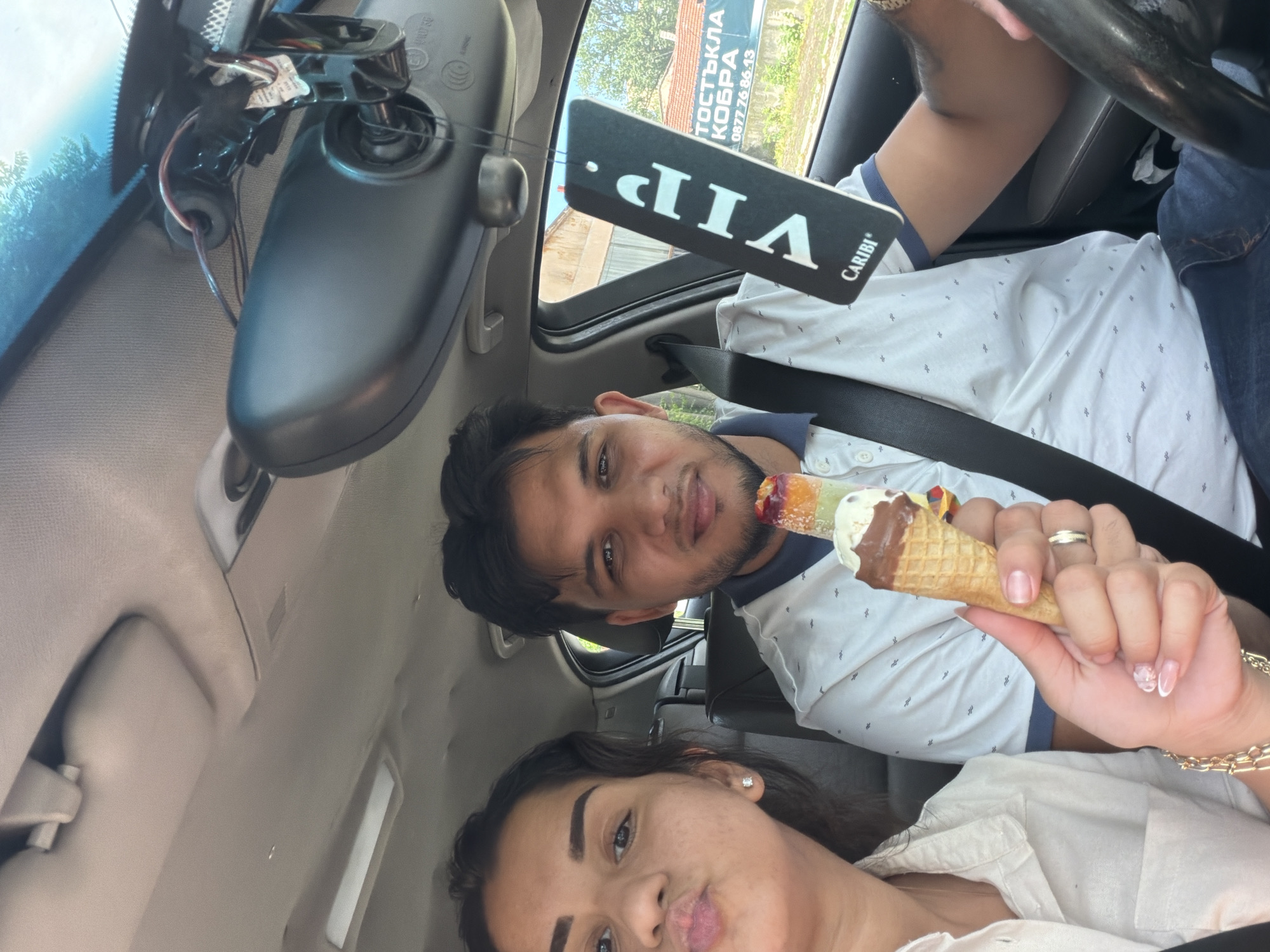 Couple takes car selfie in Pazardzhik, Bulgaria