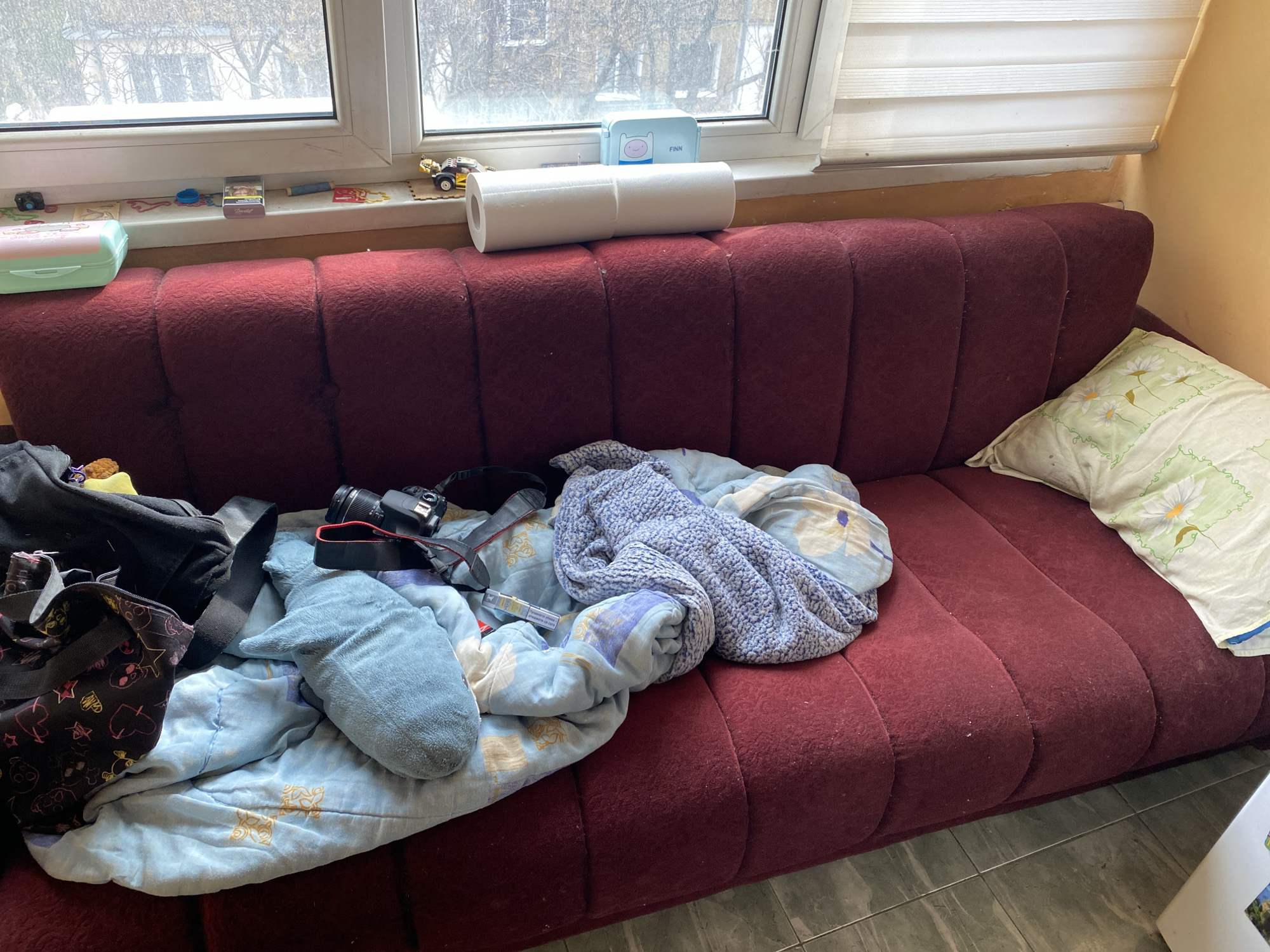 Sofia resident documents cluttered home life on overcast afternoon