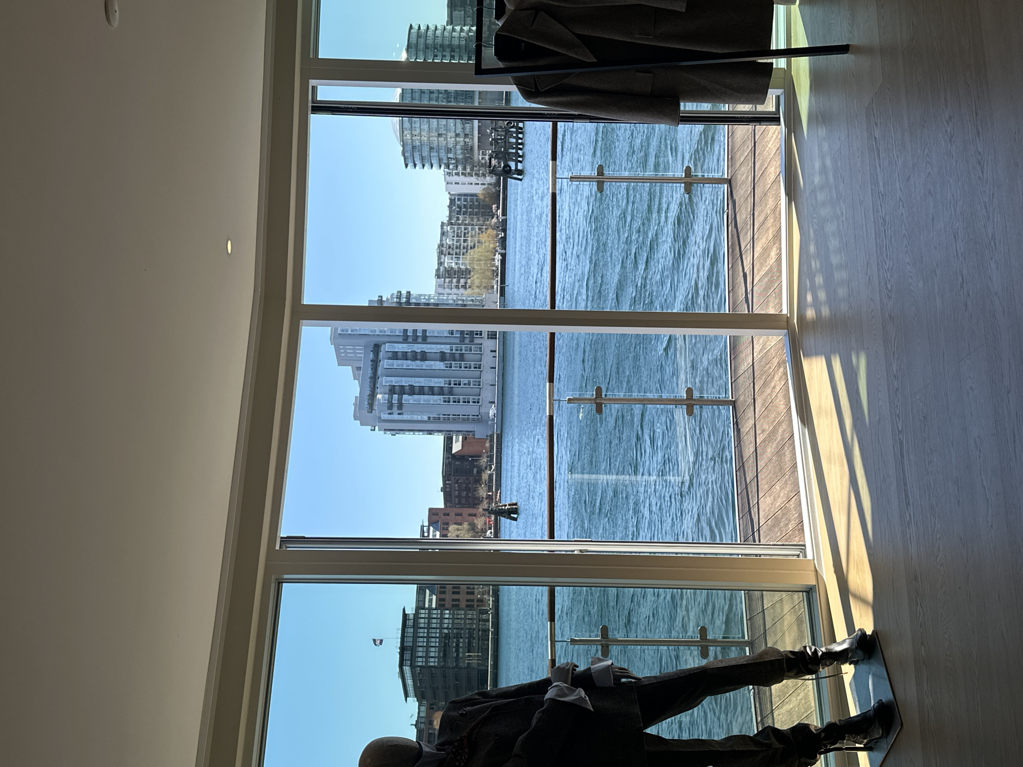 Interior view captured of Copenhagen waterfront through large windows