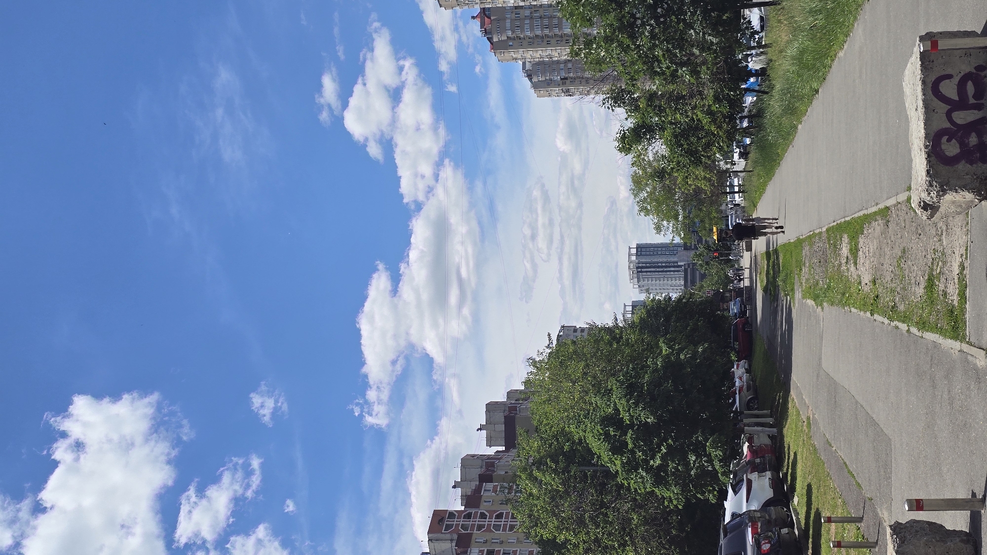 Urban scene memories: dark Lexus, greenery, buildings, blue skies