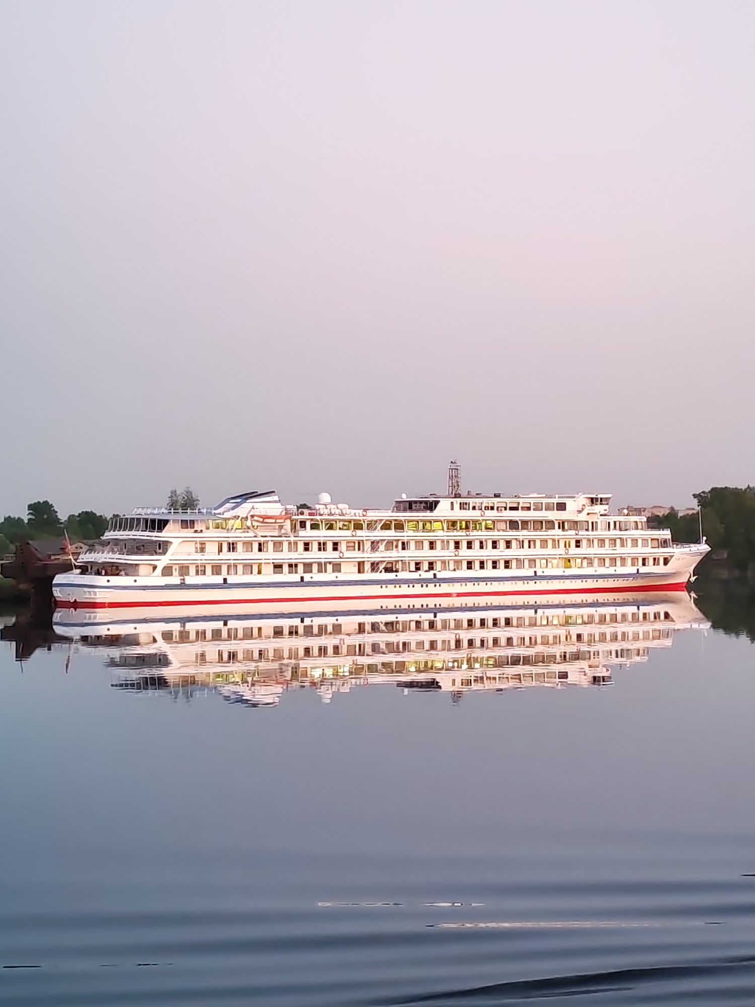 River cruise ship docks in Kimry, Russia