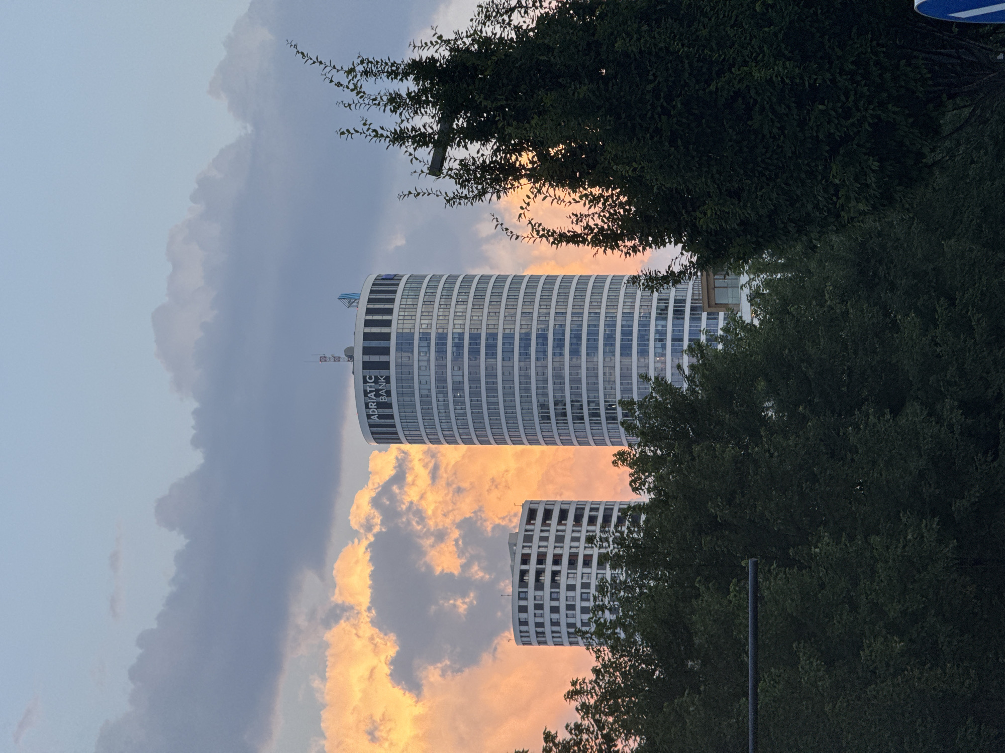 New Belgrade skyline at golden hour, Genex Tower front and center